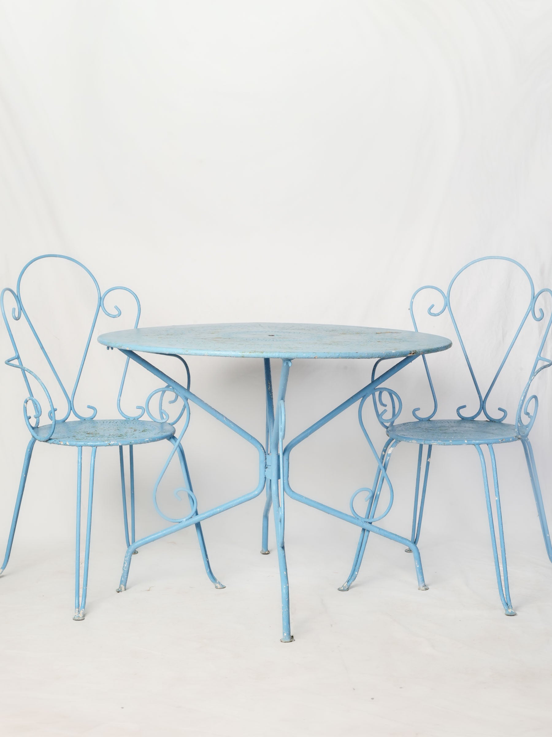 1950s Bright Blue Painted Wrought Iron Garden Dining Set with Six Armchairs