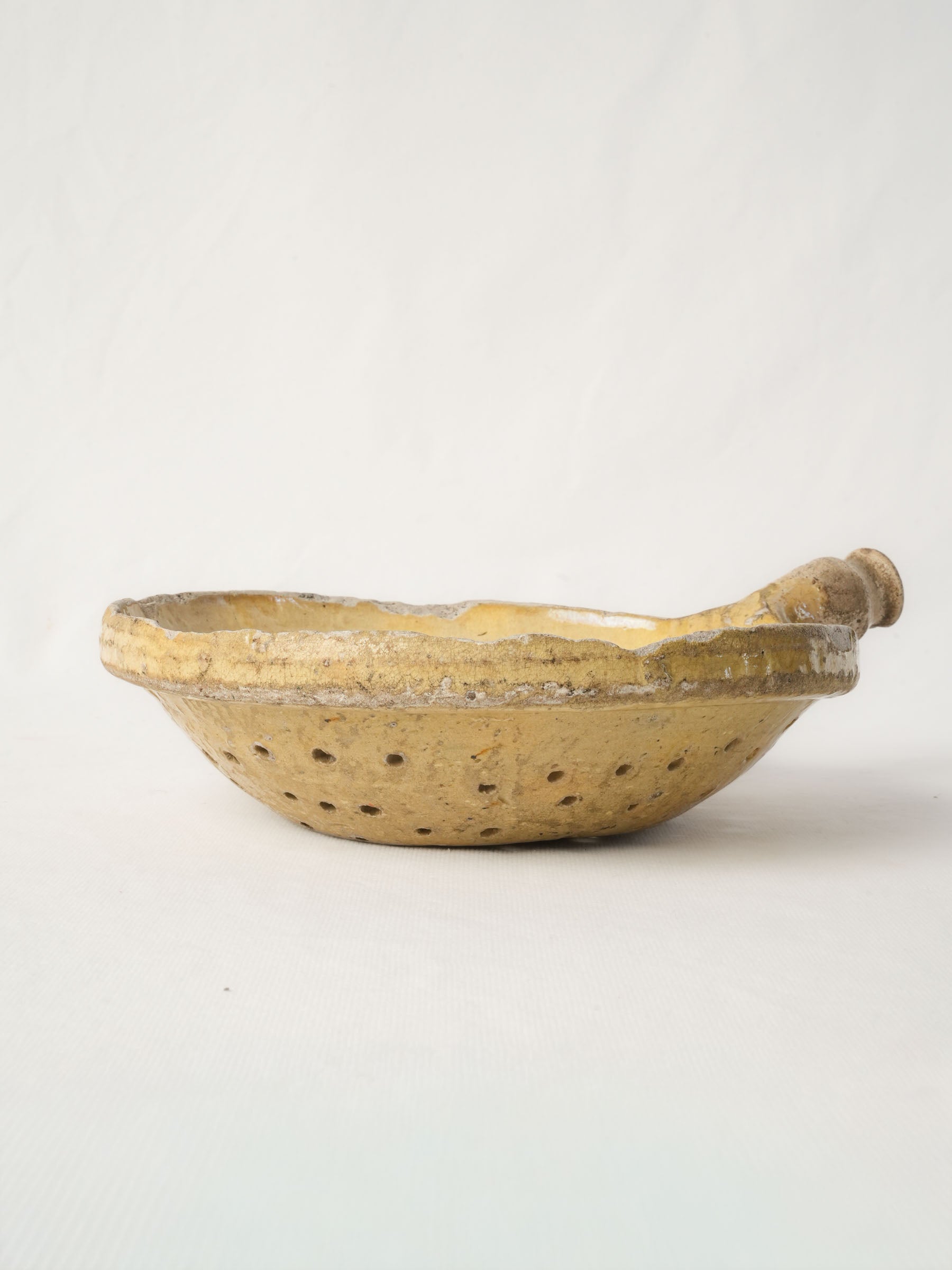 Antique Provençal Hand-Shaped Ceramic Strainer w/ Rustic Patina - 13"