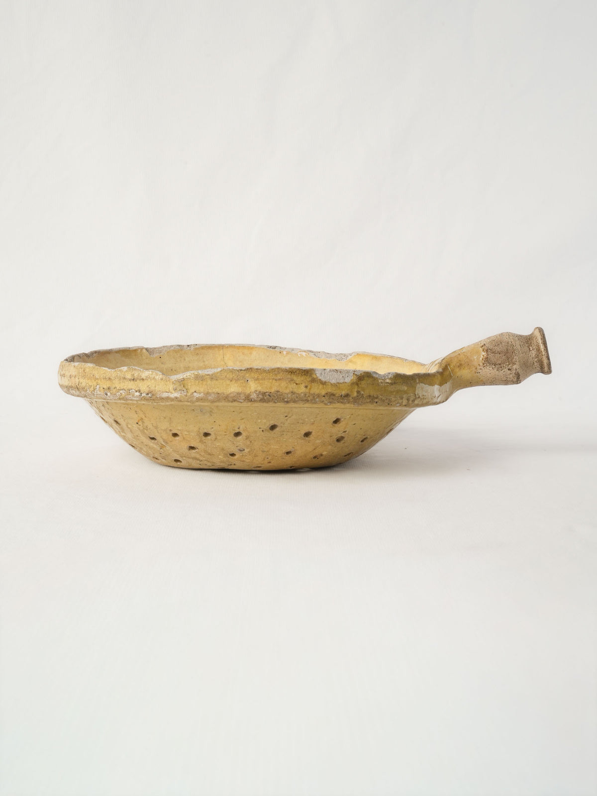 Antique Provençal Hand-Shaped Ceramic Strainer w/ Rustic Patina - 13"