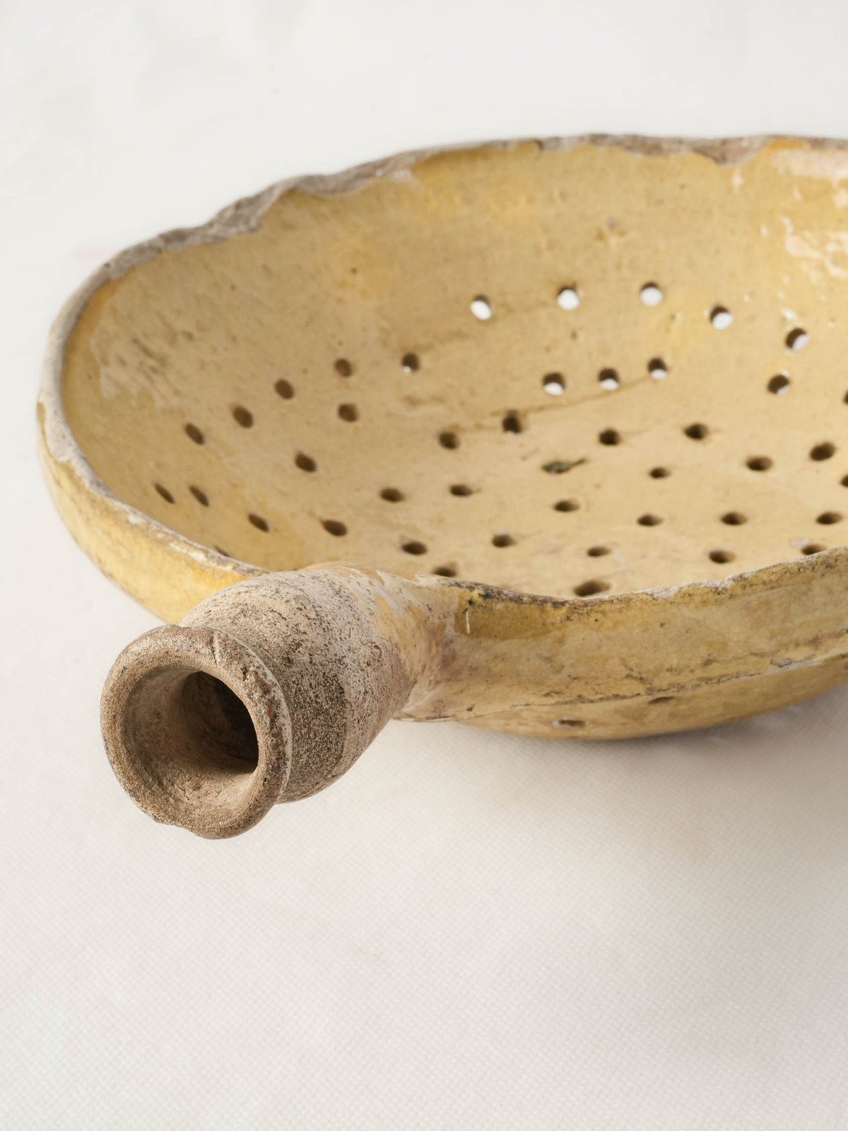 Antique Provençal Hand-Shaped Ceramic Strainer w/ Rustic Patina - 13"