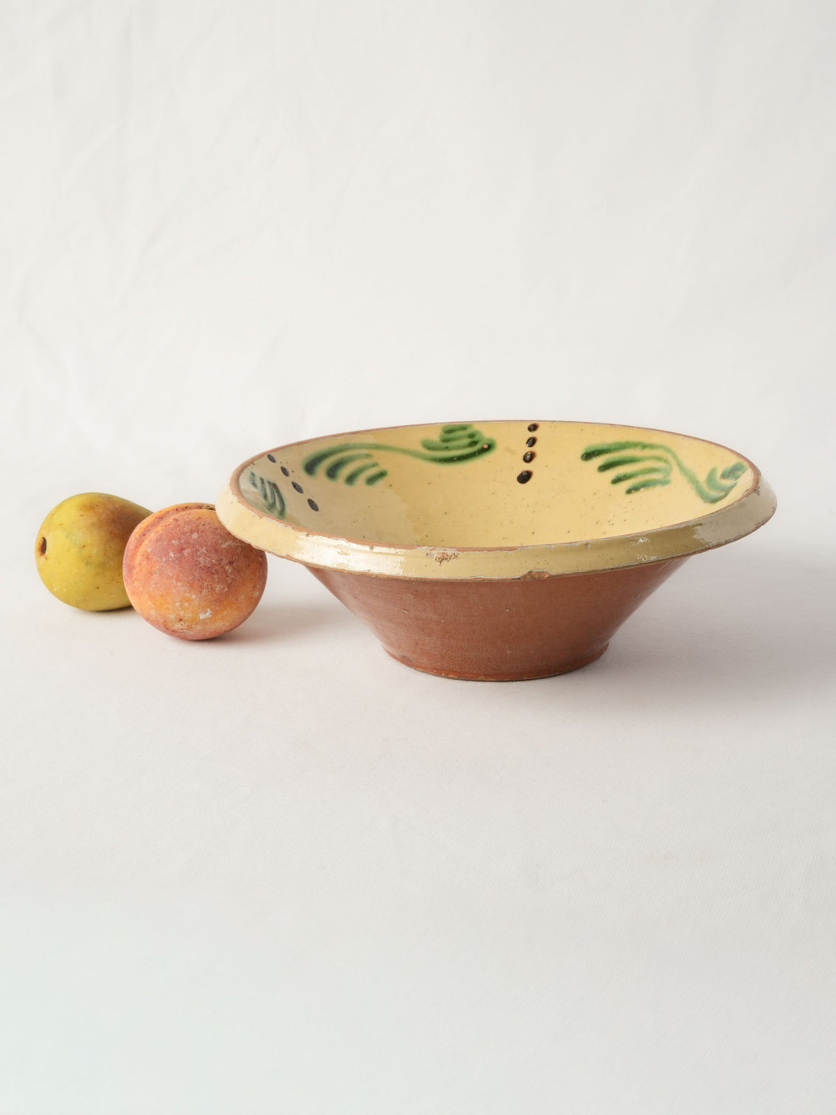 Antique Savoyard Earthenware Salad Bowl w/ Lively Green Decoration and Rustic Patina - 11½"