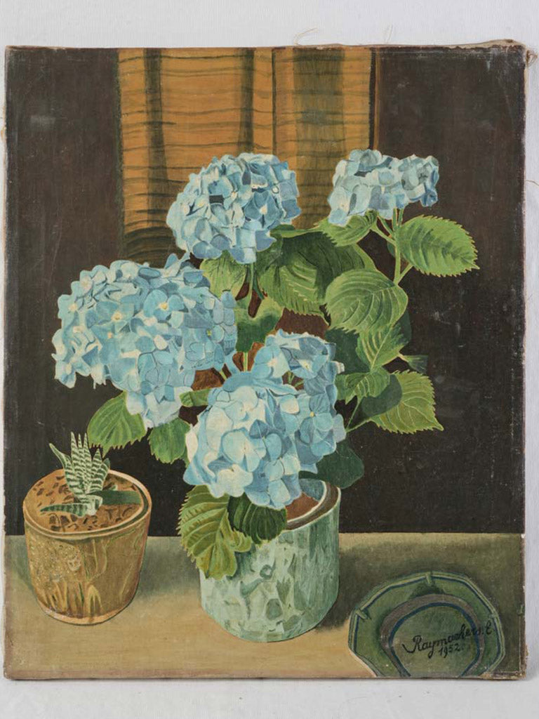 Vibrant French Mid-20th Century Blue Hydrangea Still Life - 21¾" x 17¾"