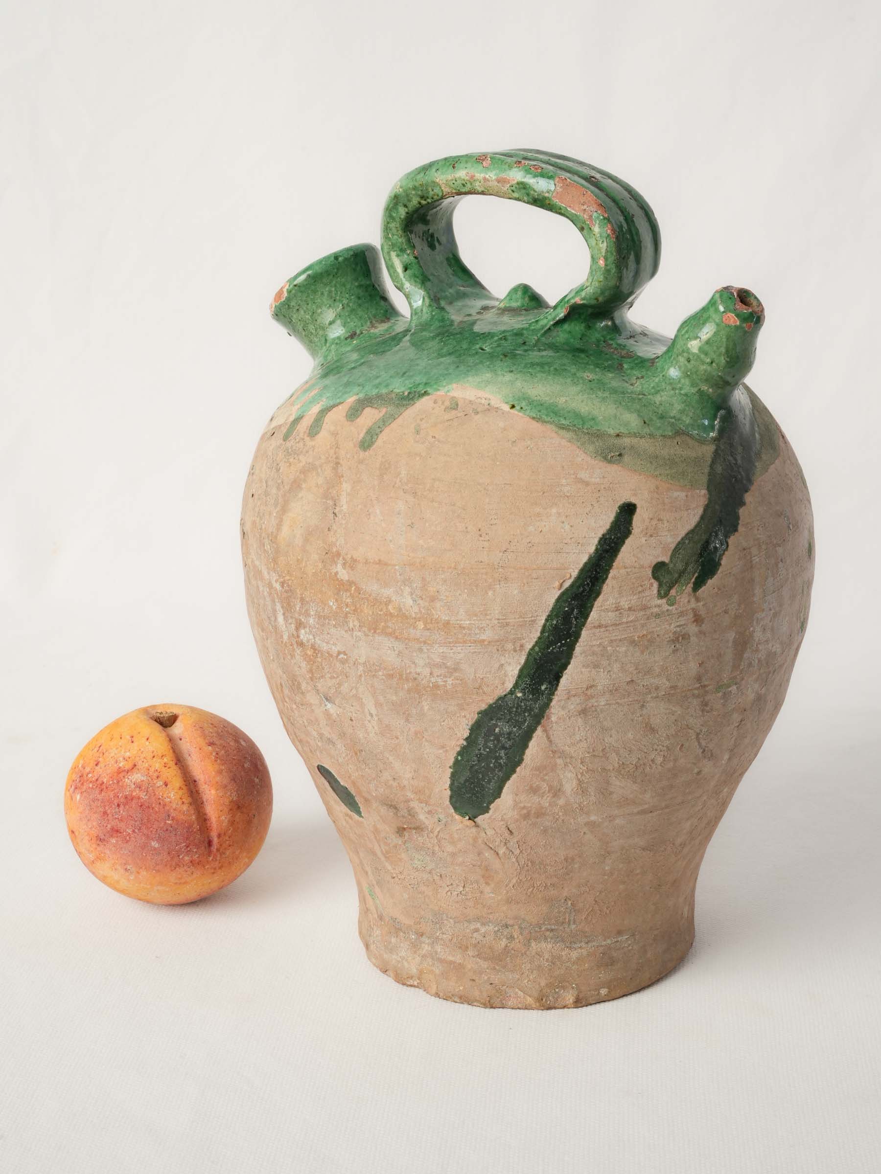 Antique Southern French Terracotta Kanti Water Flask with Partial Green Glaze -11"