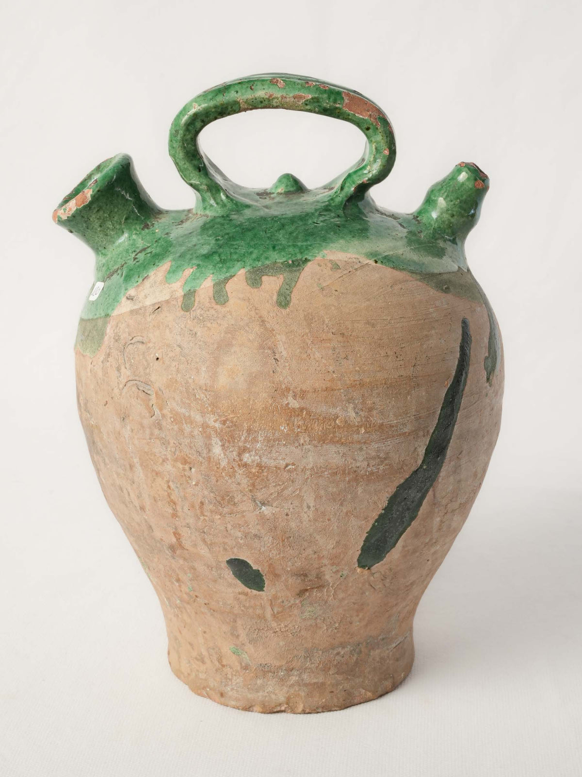 Antique Southern French Terracotta Kanti Water Flask with Partial Green Glaze -11"