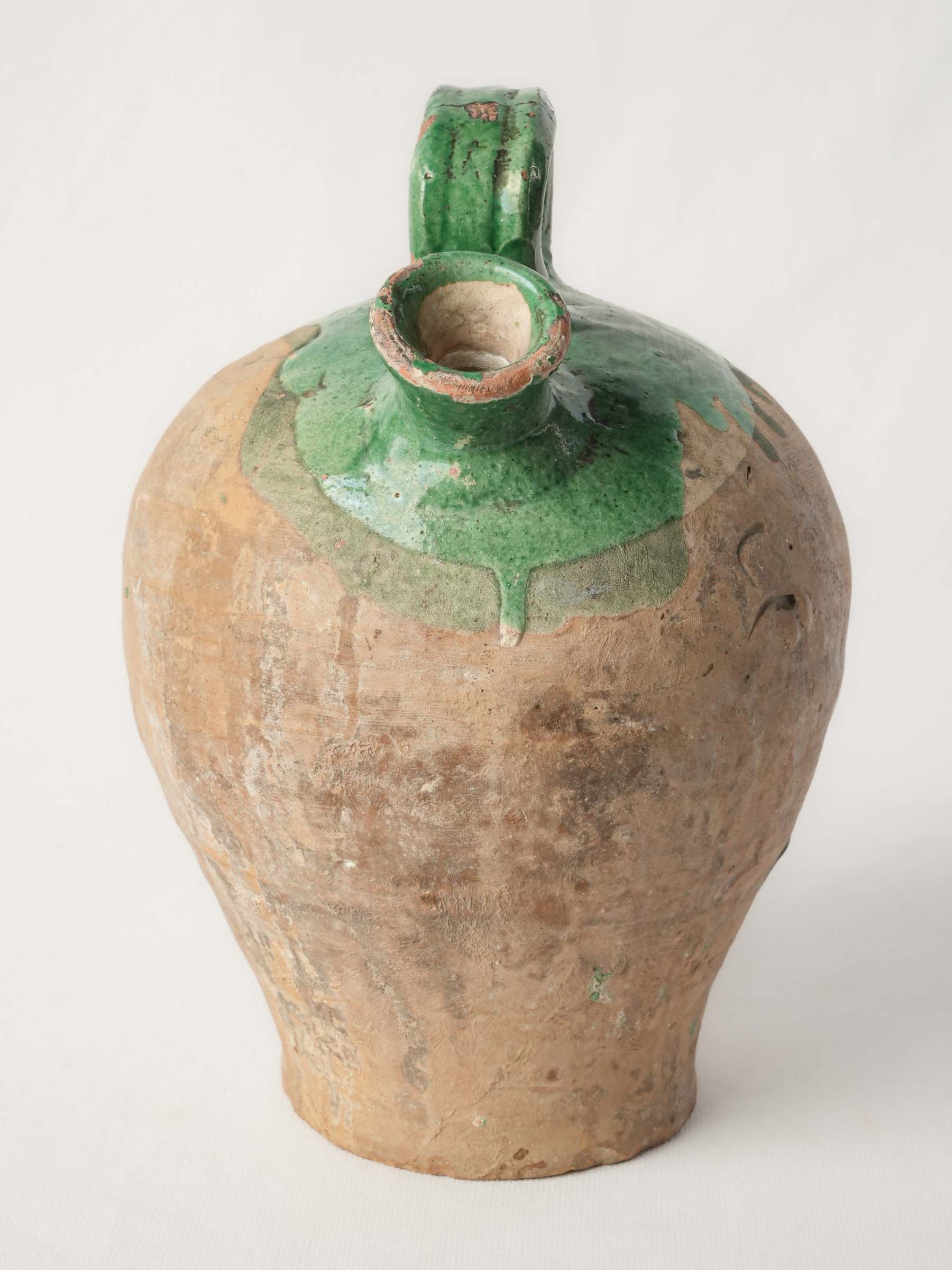 Antique Southern French Terracotta Kanti Water Flask with Partial Green Glaze -11"