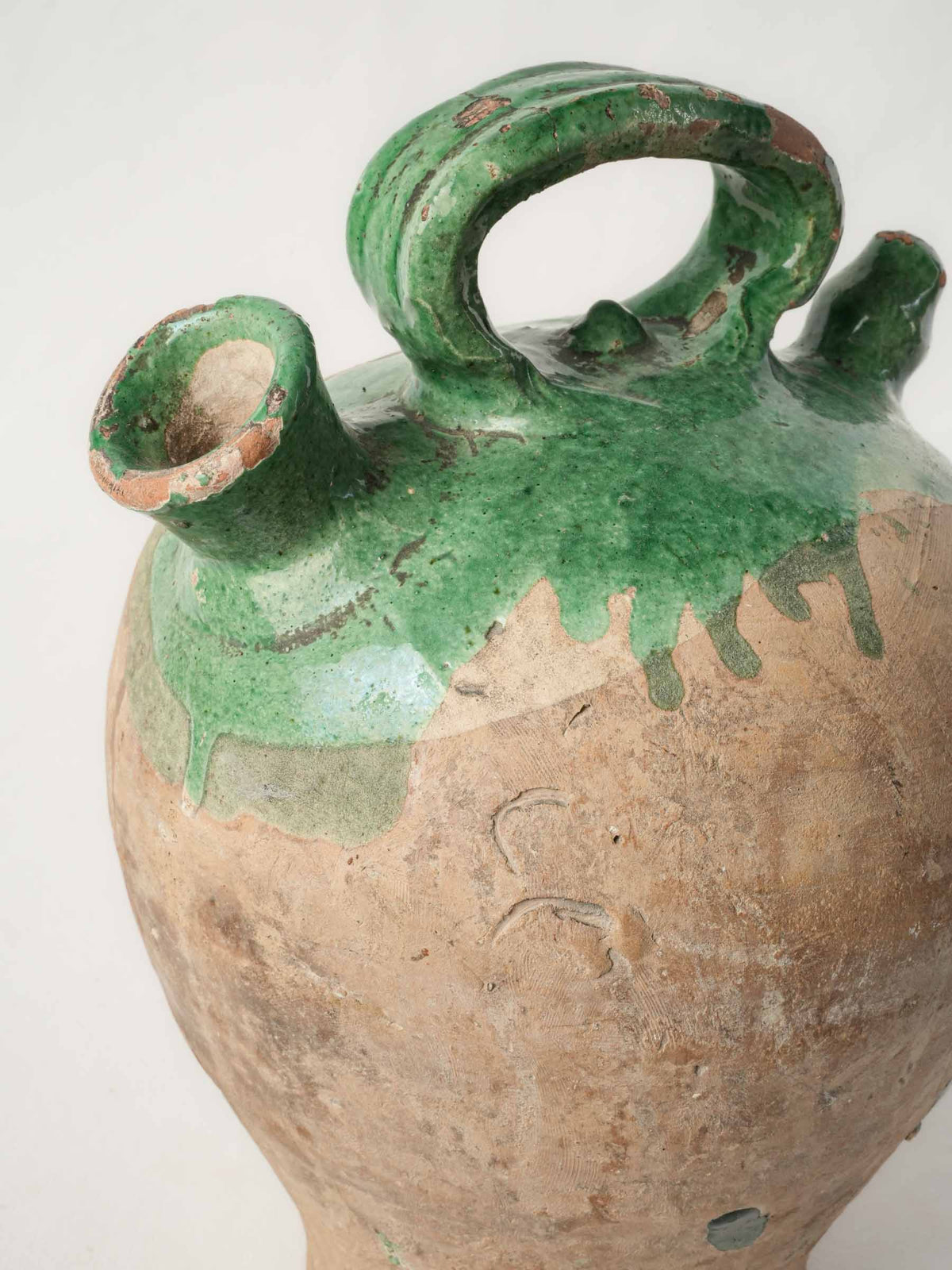 Antique Southern French Terracotta Kanti Water Flask with Partial Green Glaze -11"