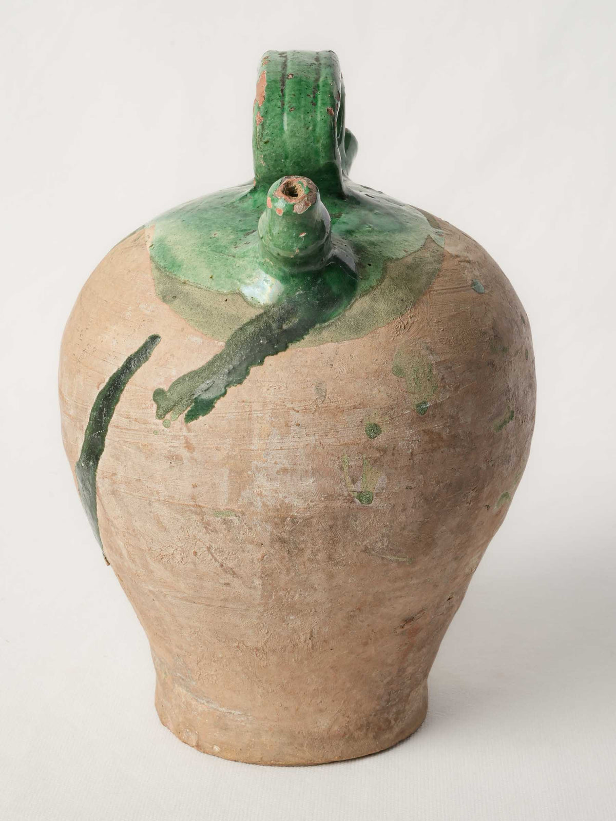 Antique Southern French Terracotta Kanti Water Flask with Partial Green Glaze -11"