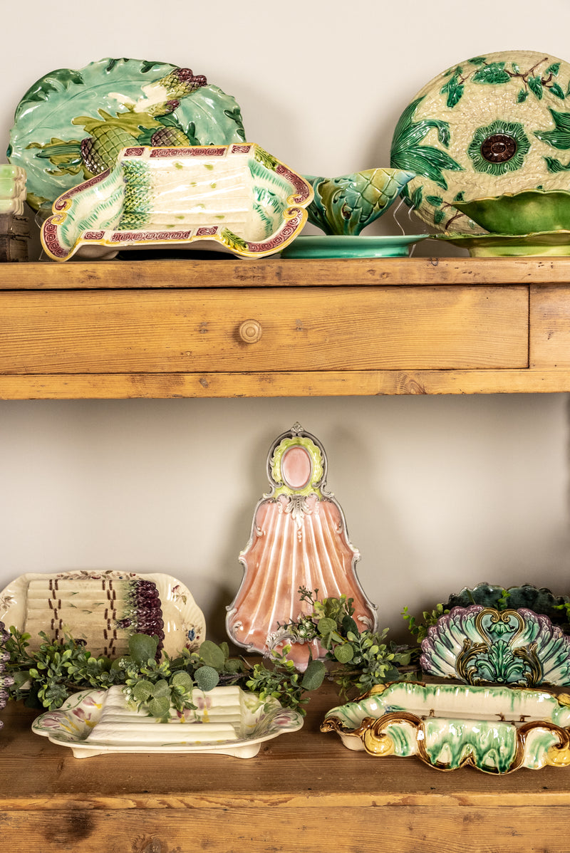 Cabbage leaf & asparagus majolica sauce boat 11¾"