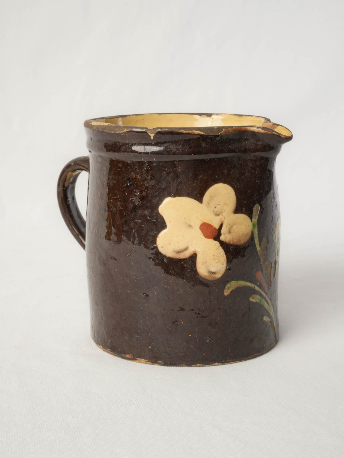 Large Antique Savoyard Ceramic Pitcher w/ Floral Decoration on a Chocolate-Brown Ground - 6¾"