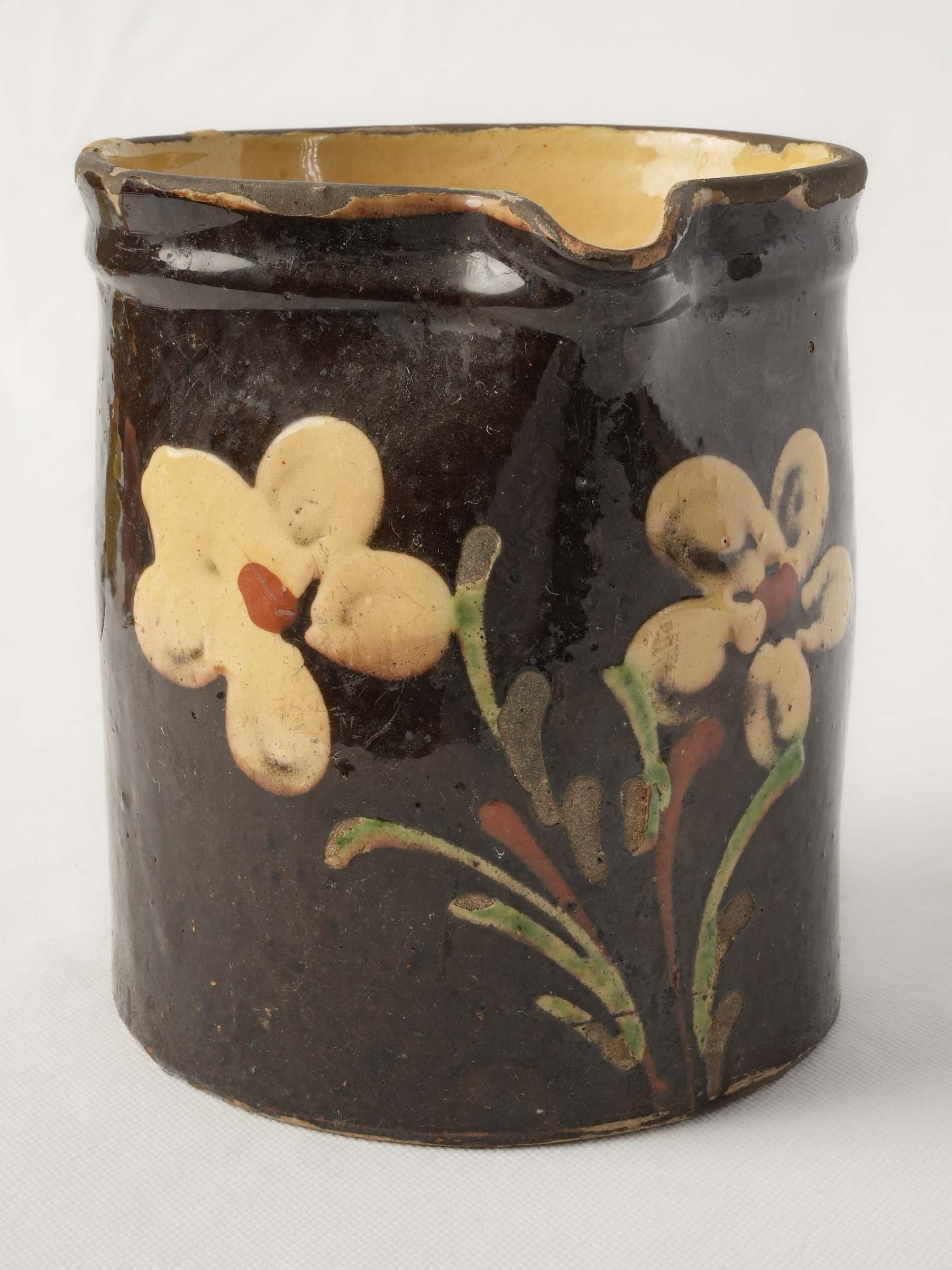 Large Antique Savoyard Ceramic Pitcher w/ Floral Decoration on a Chocolate-Brown Ground - 6¾"