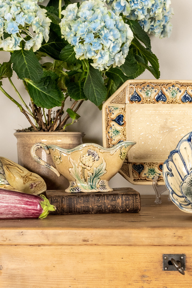 Artichoke-headed historic Majolica gravy boat