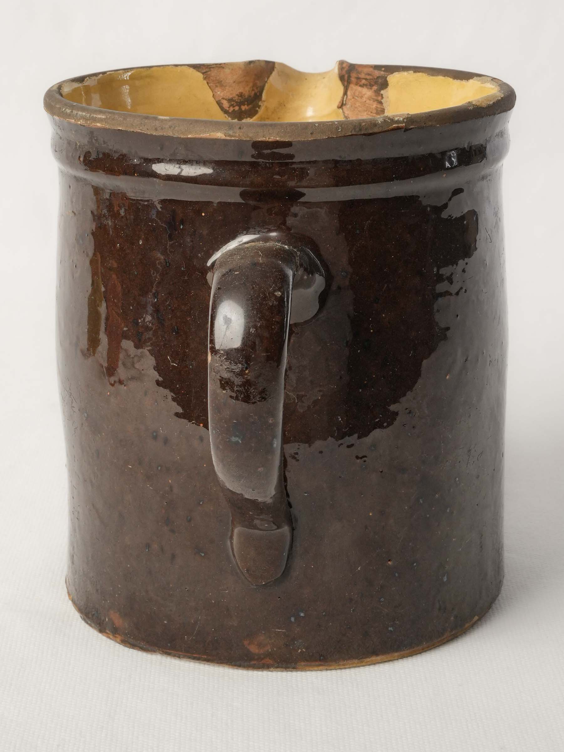 Large Antique Savoyard Ceramic Pitcher w/ Floral Decoration on a Chocolate-Brown Ground - 6¾"