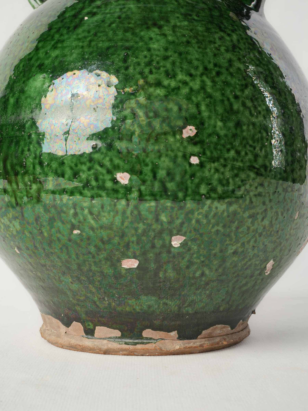Large Antique Provençal Ceramic Jug w/ Glossy Mottled Green Glaze - 13¾"