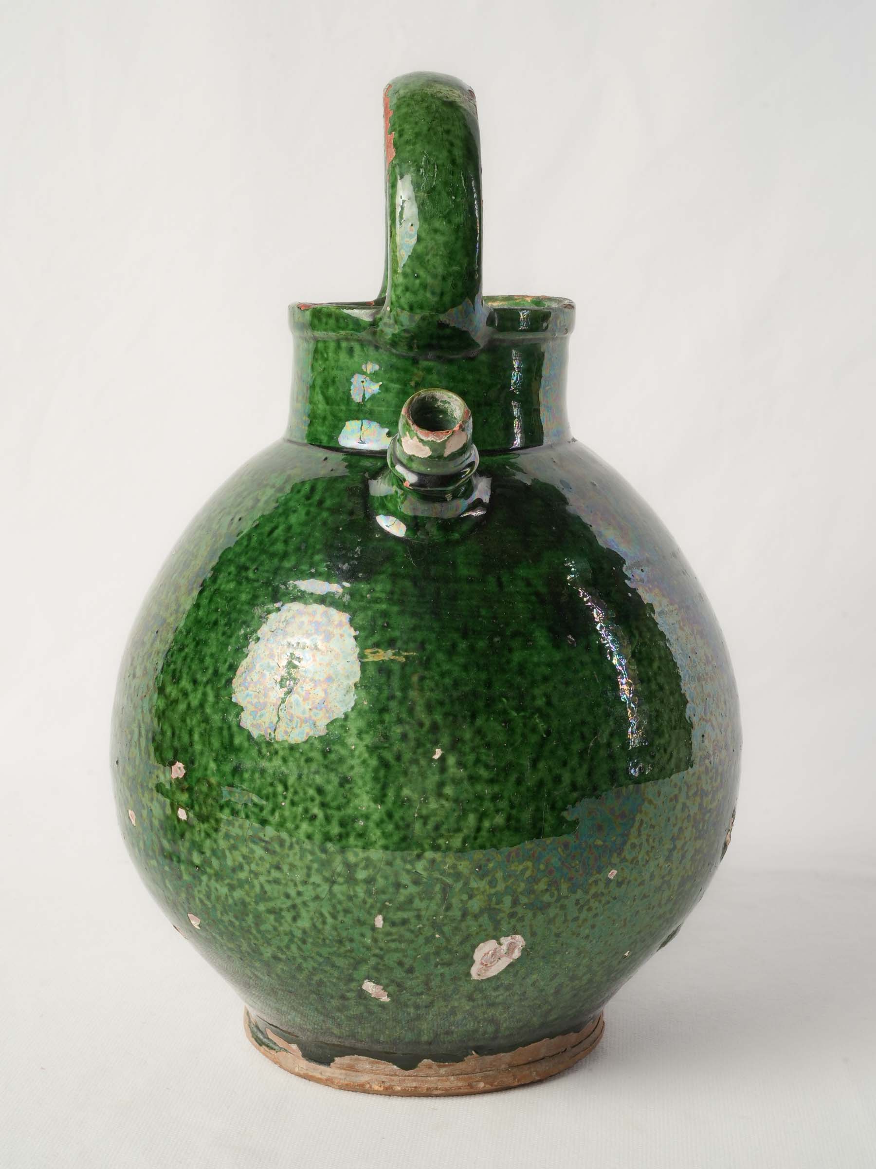 Large Antique Provençal Ceramic Jug w/ Glossy Mottled Green Glaze - 13¾"