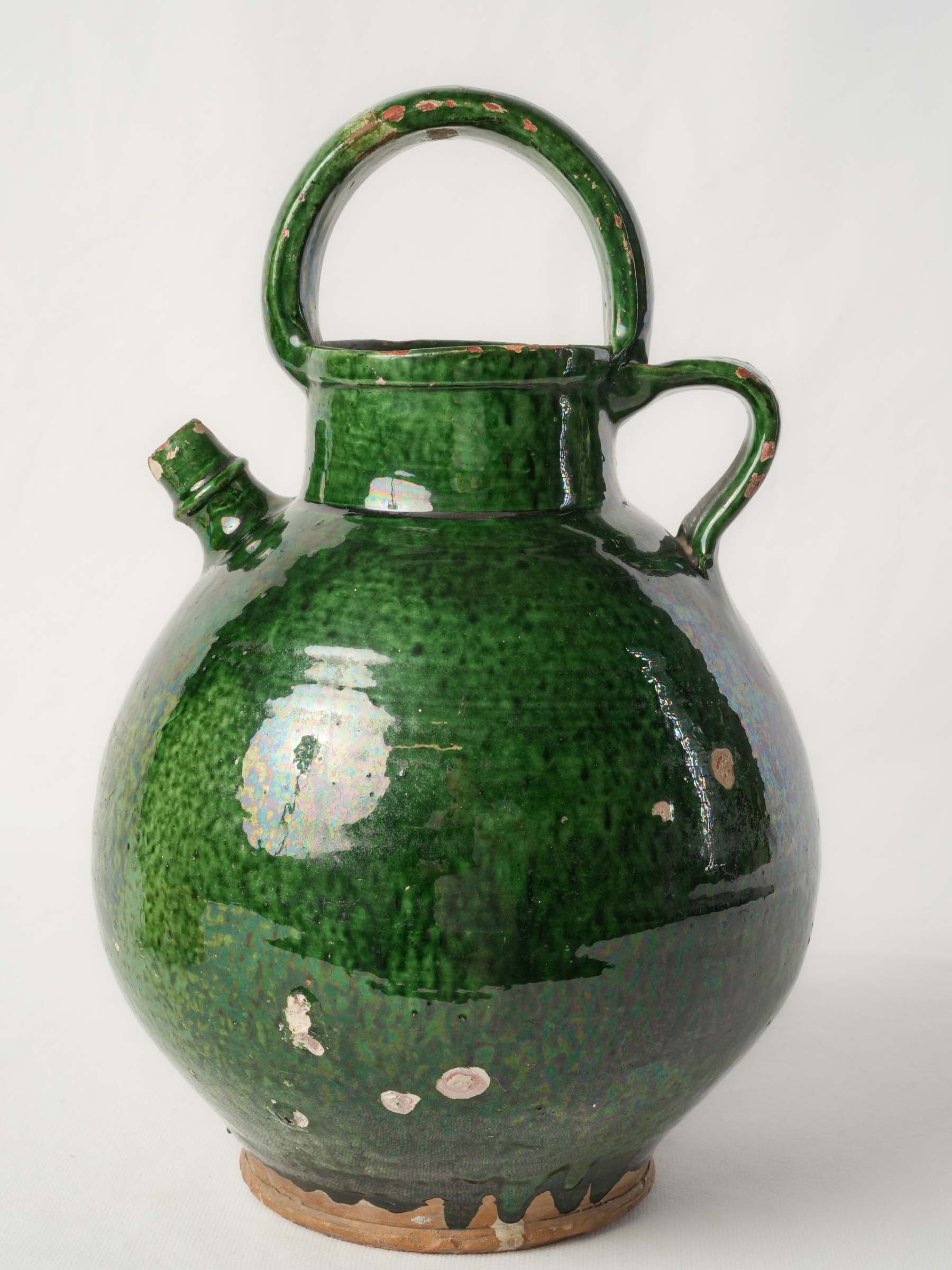 Large Antique Provençal Ceramic Jug w/ Glossy Mottled Green Glaze - 13¾"