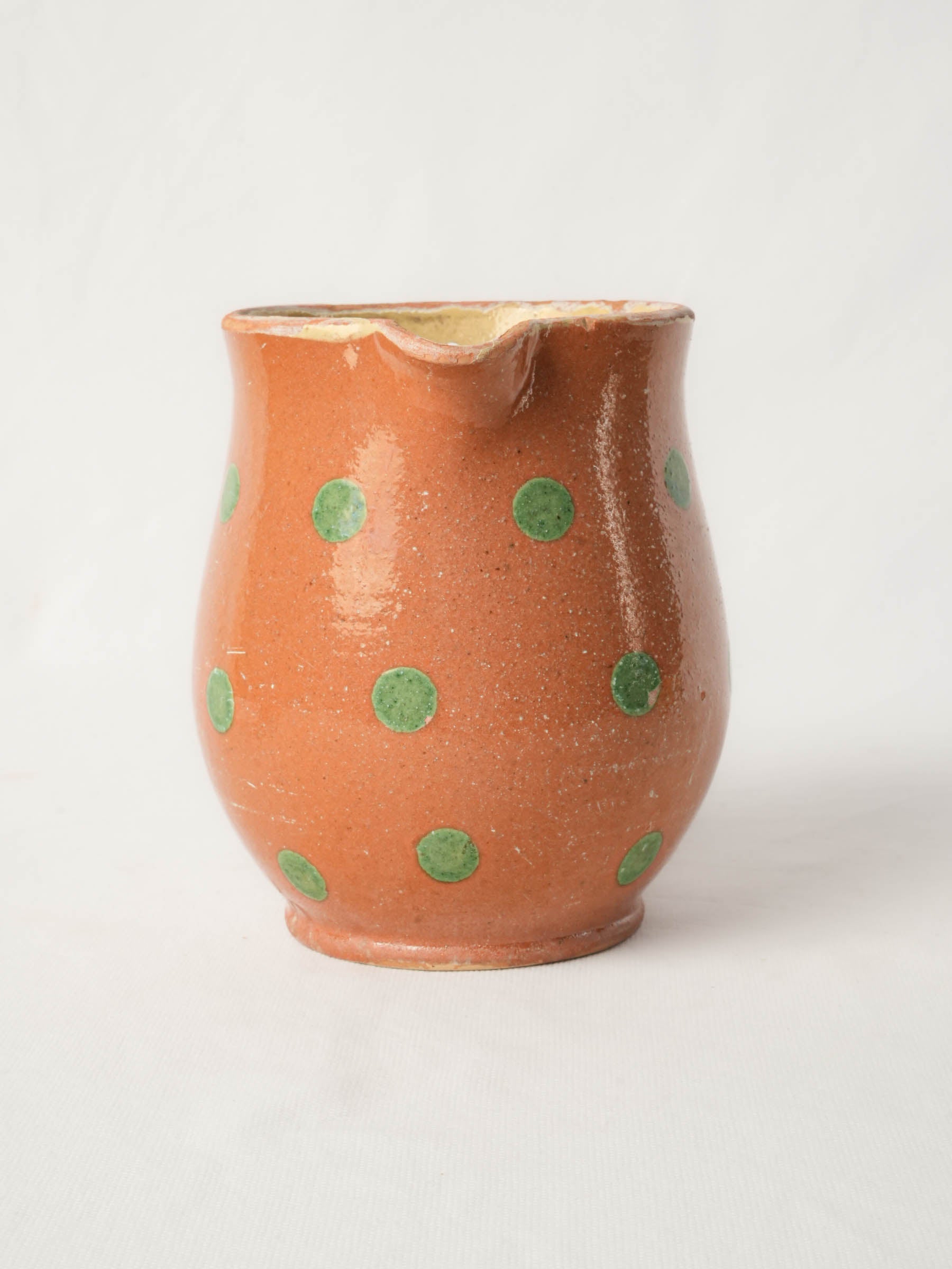Antique Savoyard Ceramic Pitcher w/ Green Polka Dots on Warm Orange Ground - 7½"