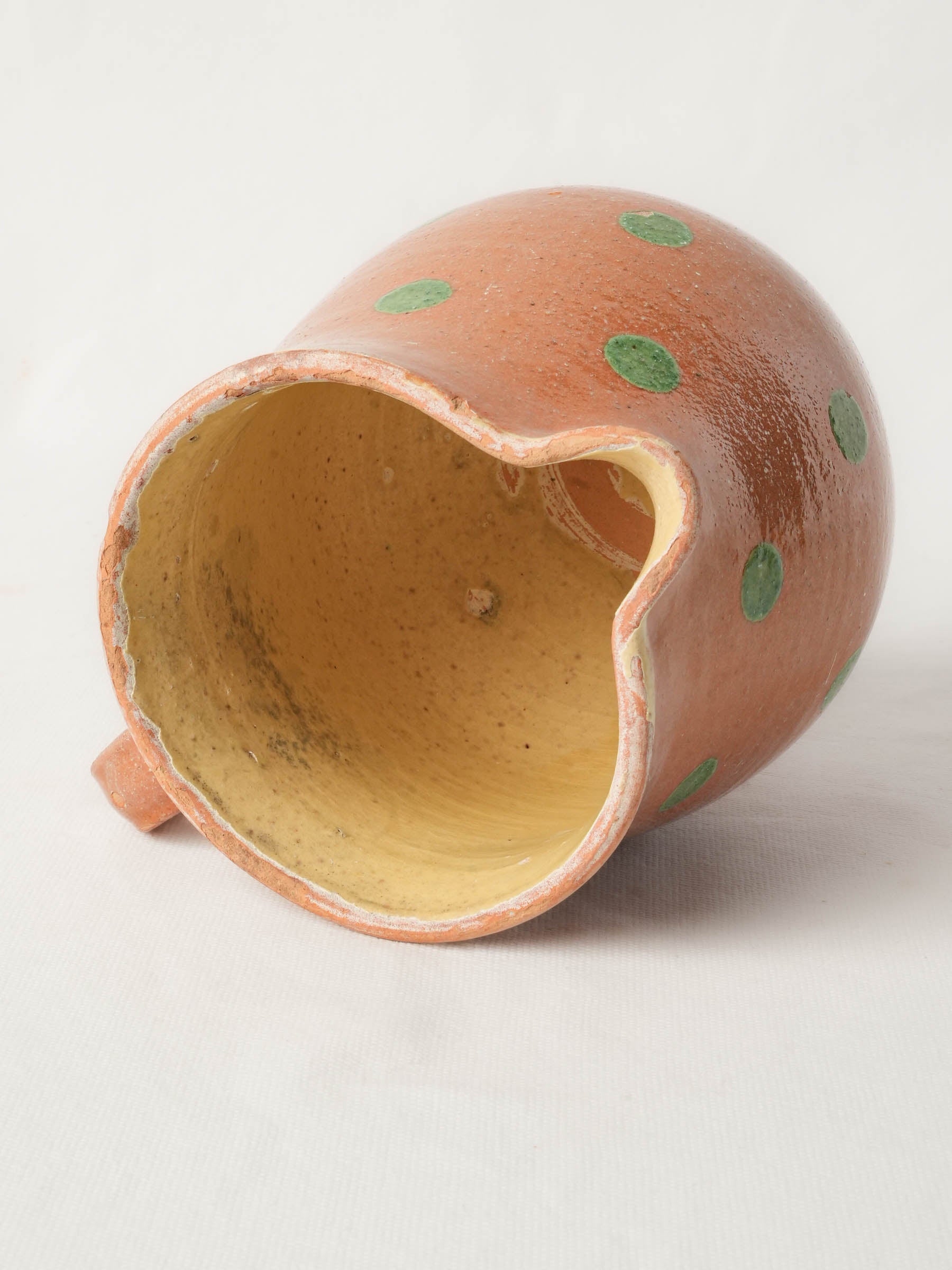 Antique Savoyard Ceramic Pitcher w/ Green Polka Dots on Warm Orange Ground - 7½"