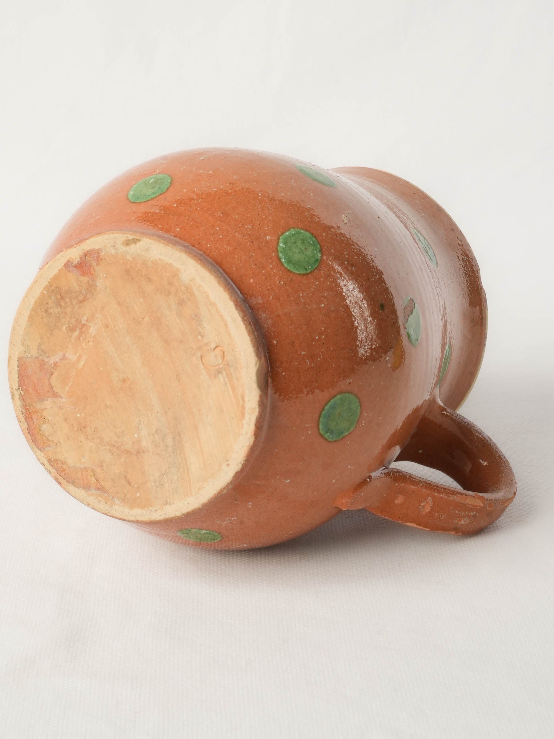 Antique Savoyard Ceramic Pitcher w/ Green Polka Dots on Warm Orange Ground - 7½"