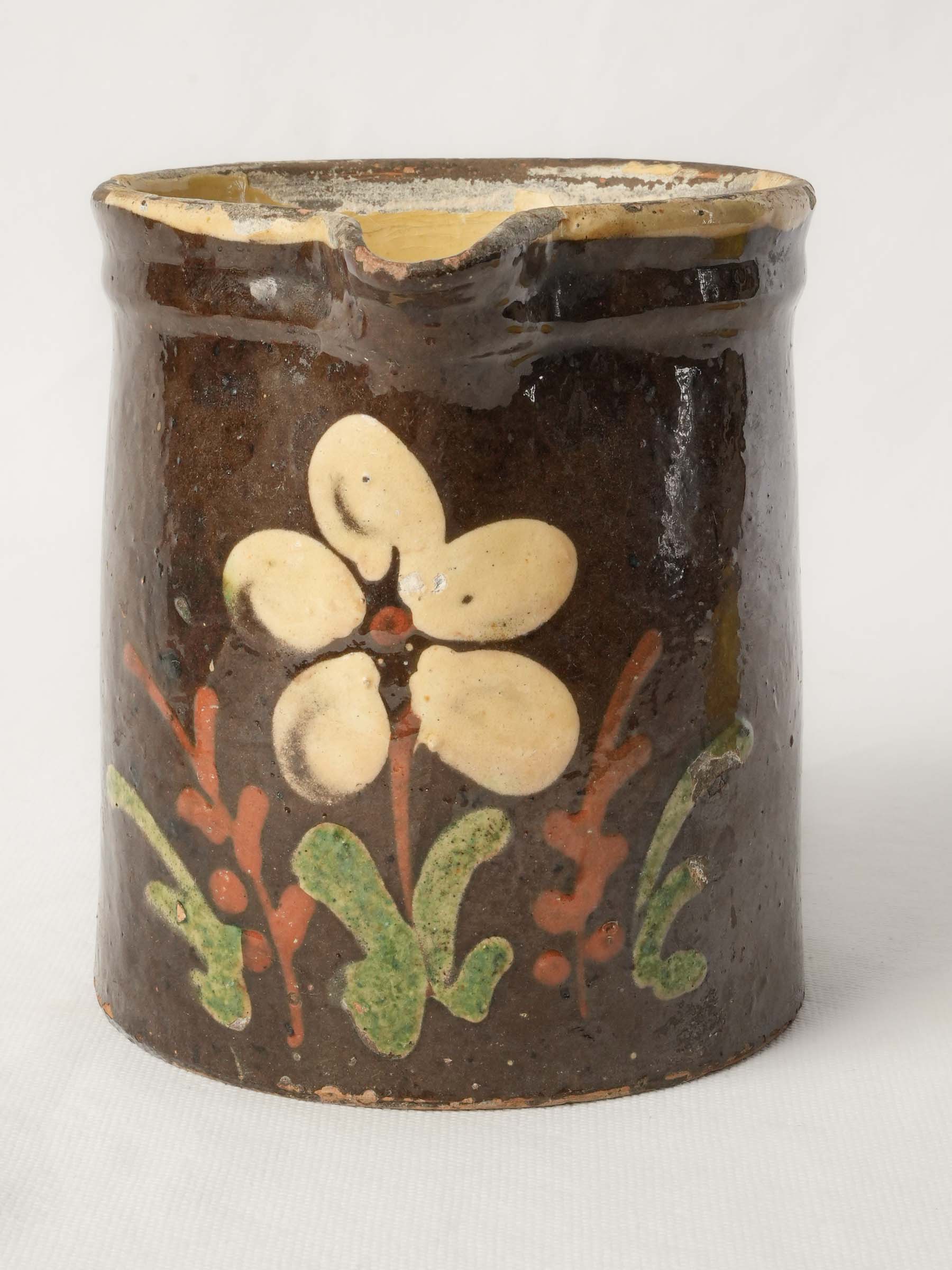 Small Rustic Savoyard Ceramic Pitcher w/ Floral Decoration on a Chocolate-Brown Ground - 6¼"