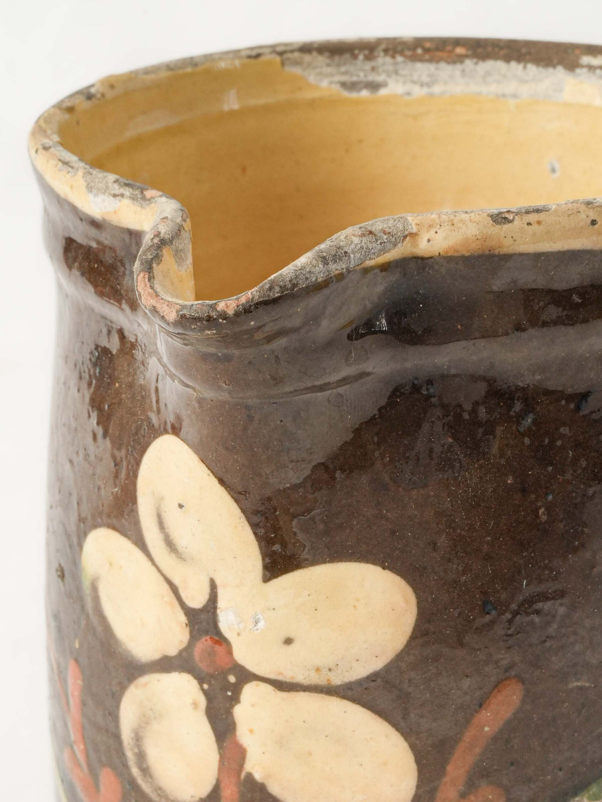 Small Rustic Savoyard Ceramic Pitcher w/ Floral Decoration on a Chocolate-Brown Ground - 6¼"