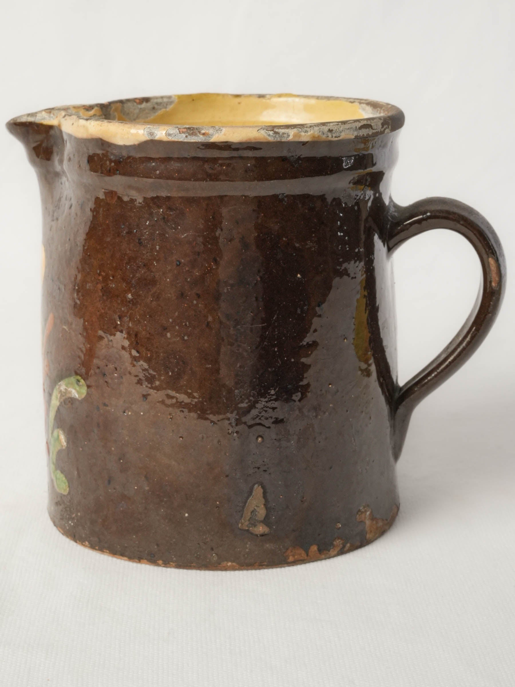 Small Rustic Savoyard Ceramic Pitcher w/ Floral Decoration on a Chocolate-Brown Ground - 6¼"