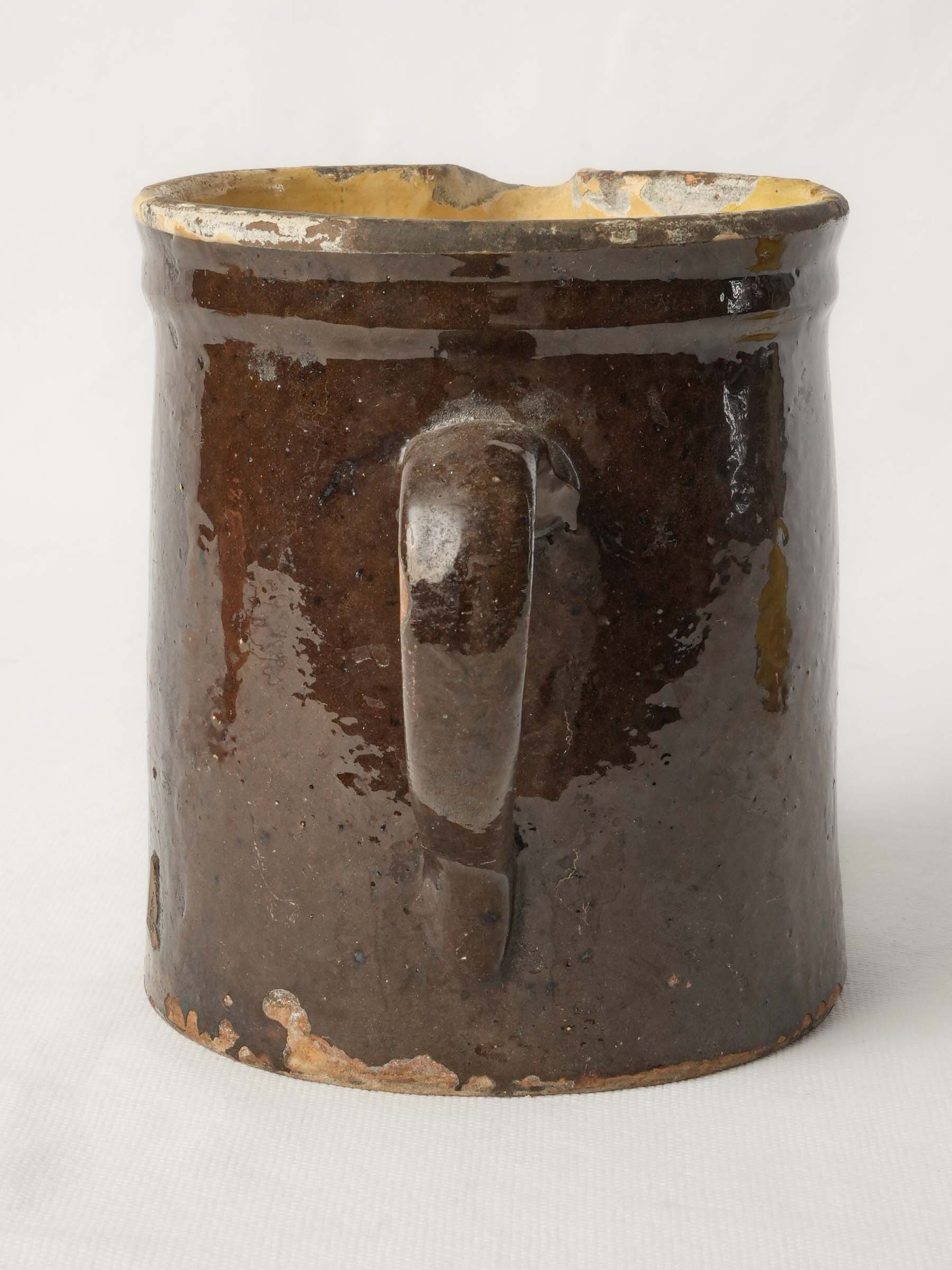 Small Rustic Savoyard Ceramic Pitcher w/ Floral Decoration on a Chocolate-Brown Ground - 6¼"