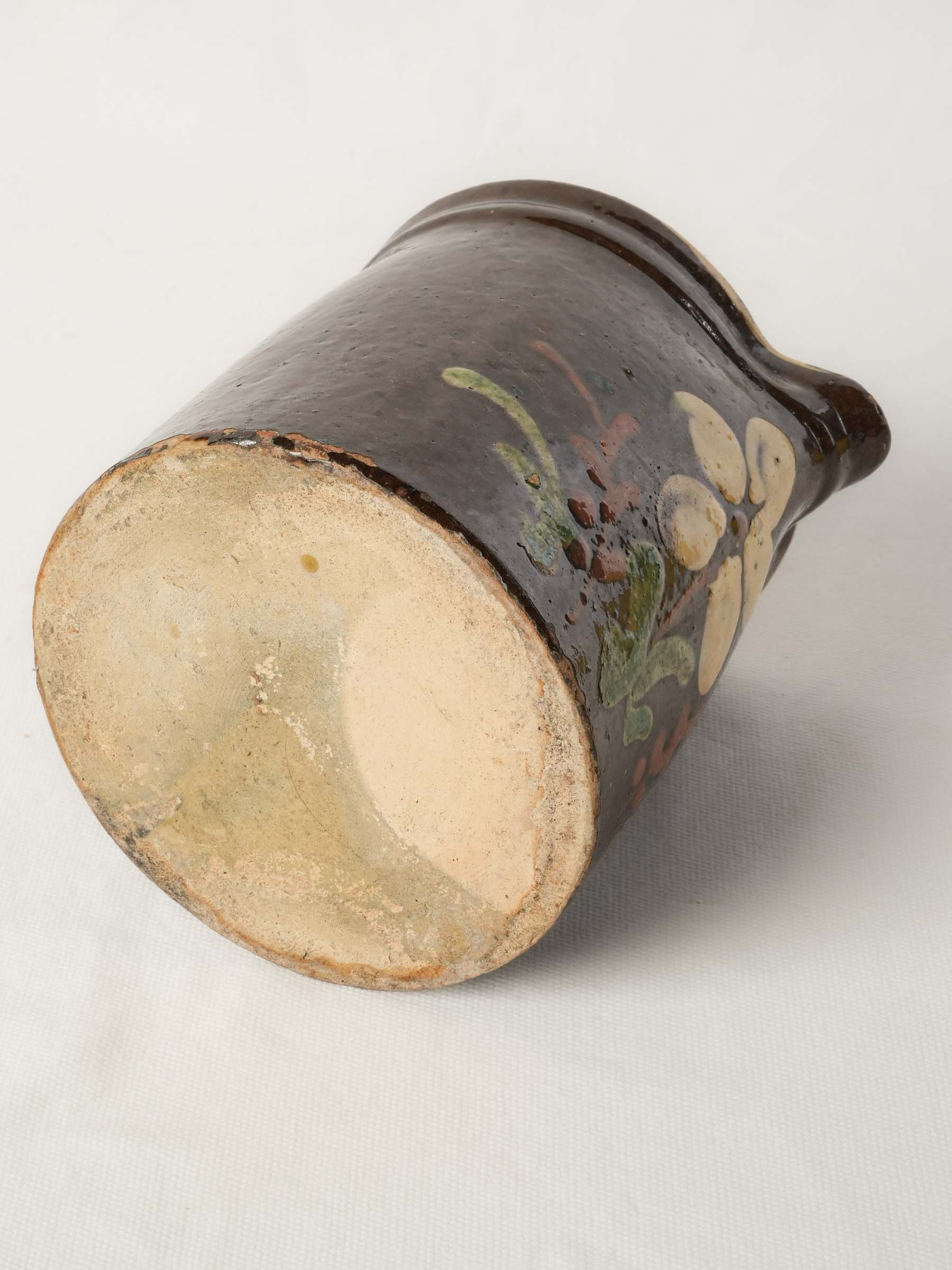 Small Rustic Savoyard Ceramic Pitcher w/ Floral Decoration on a Chocolate-Brown Ground - 6¼"