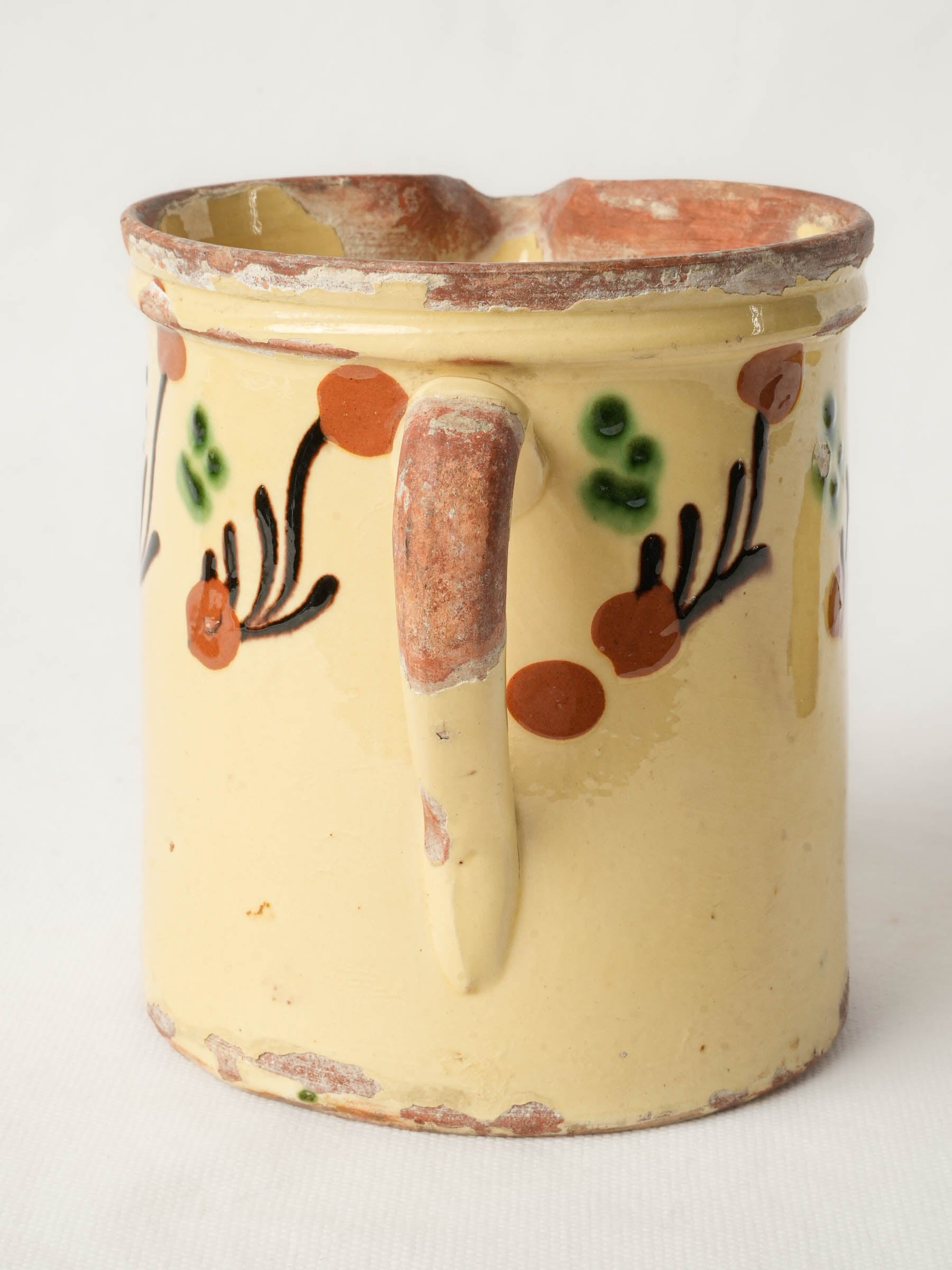 Small Savoyard Ceramic Pitcher w/ Hand-Painted Abstract Frieze and Worn Patina - 5½"