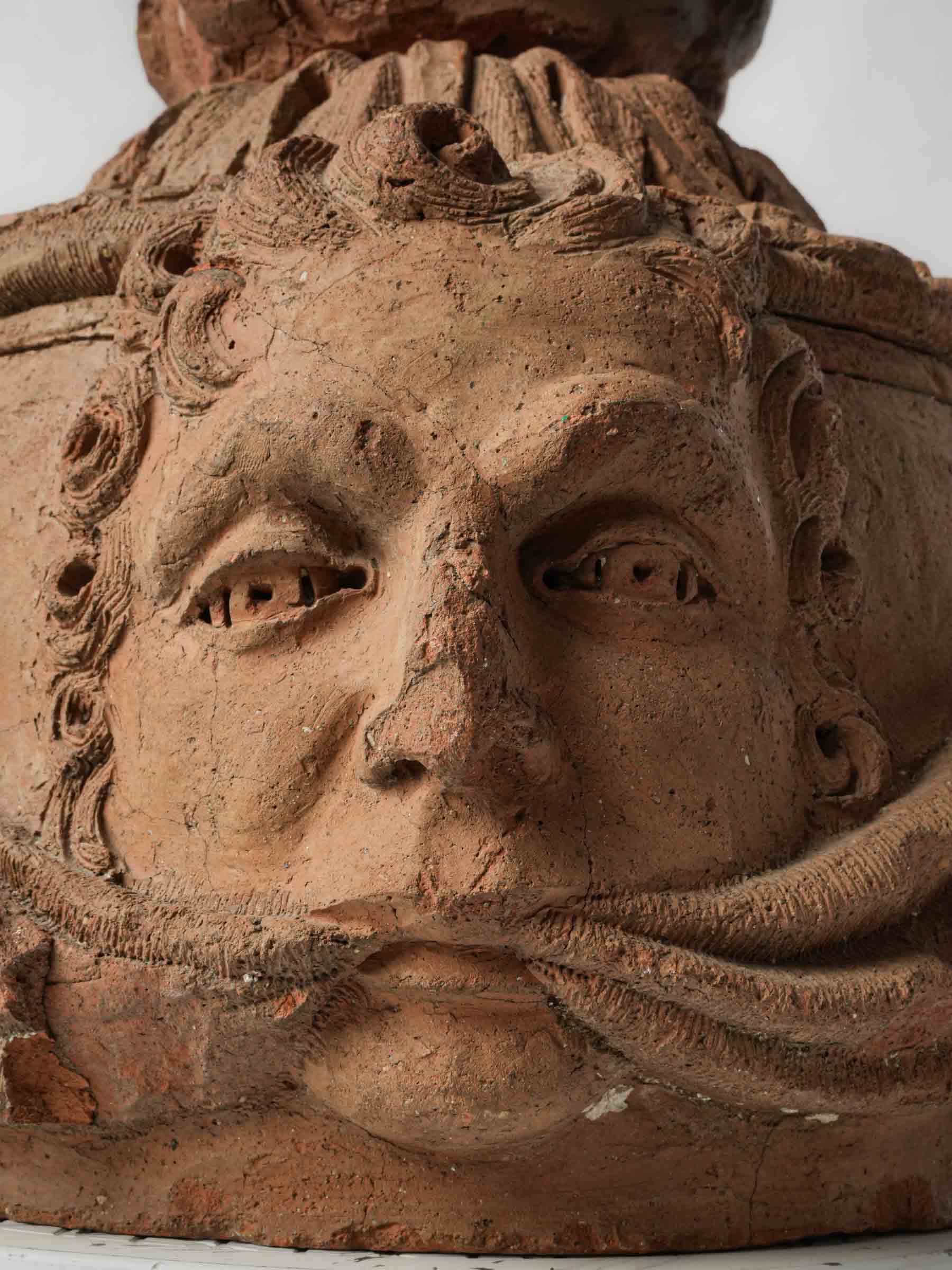 French Architectural Terracotta Flame Finial w/ Intriguing Mascarons, 18th Century - 18½"