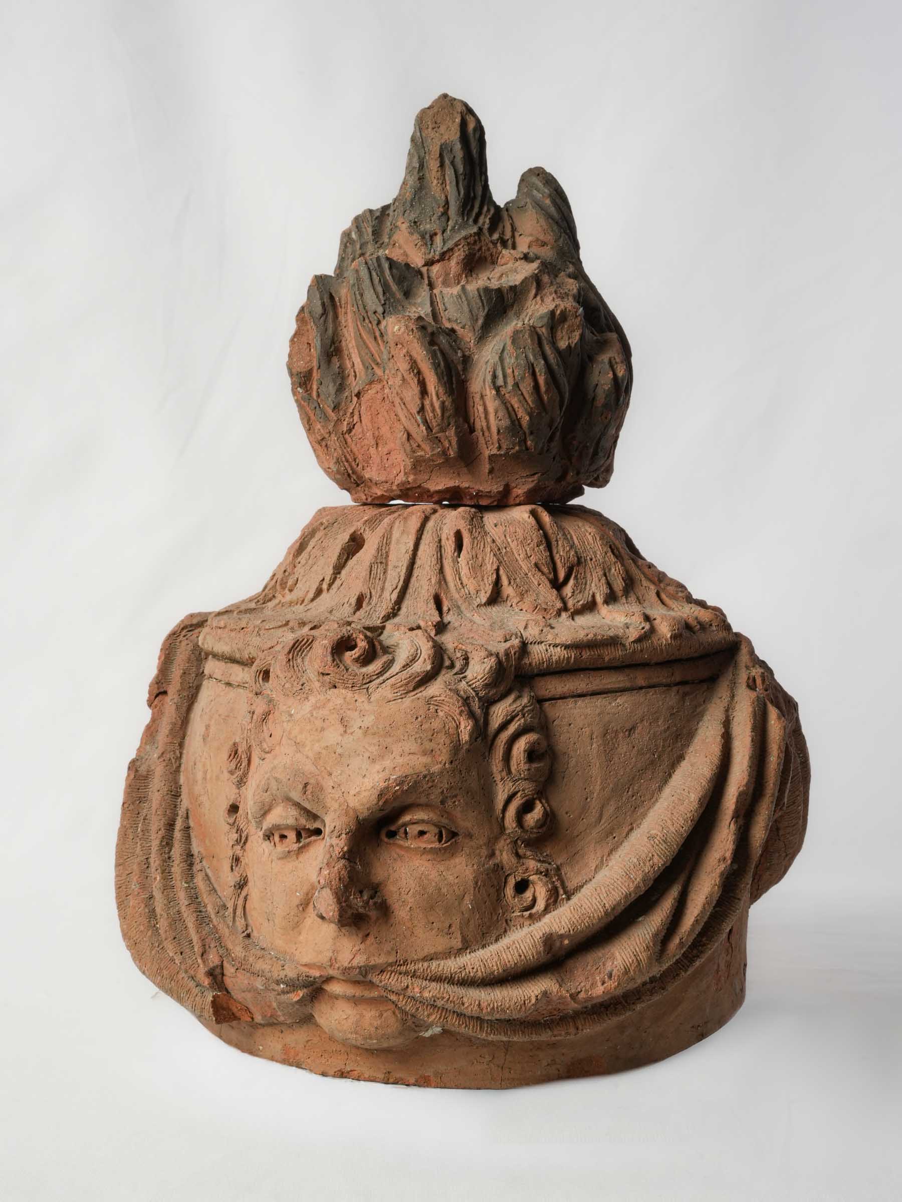 French Architectural Terracotta Flame Finial w/ Intriguing Mascarons, 18th Century - 18½"