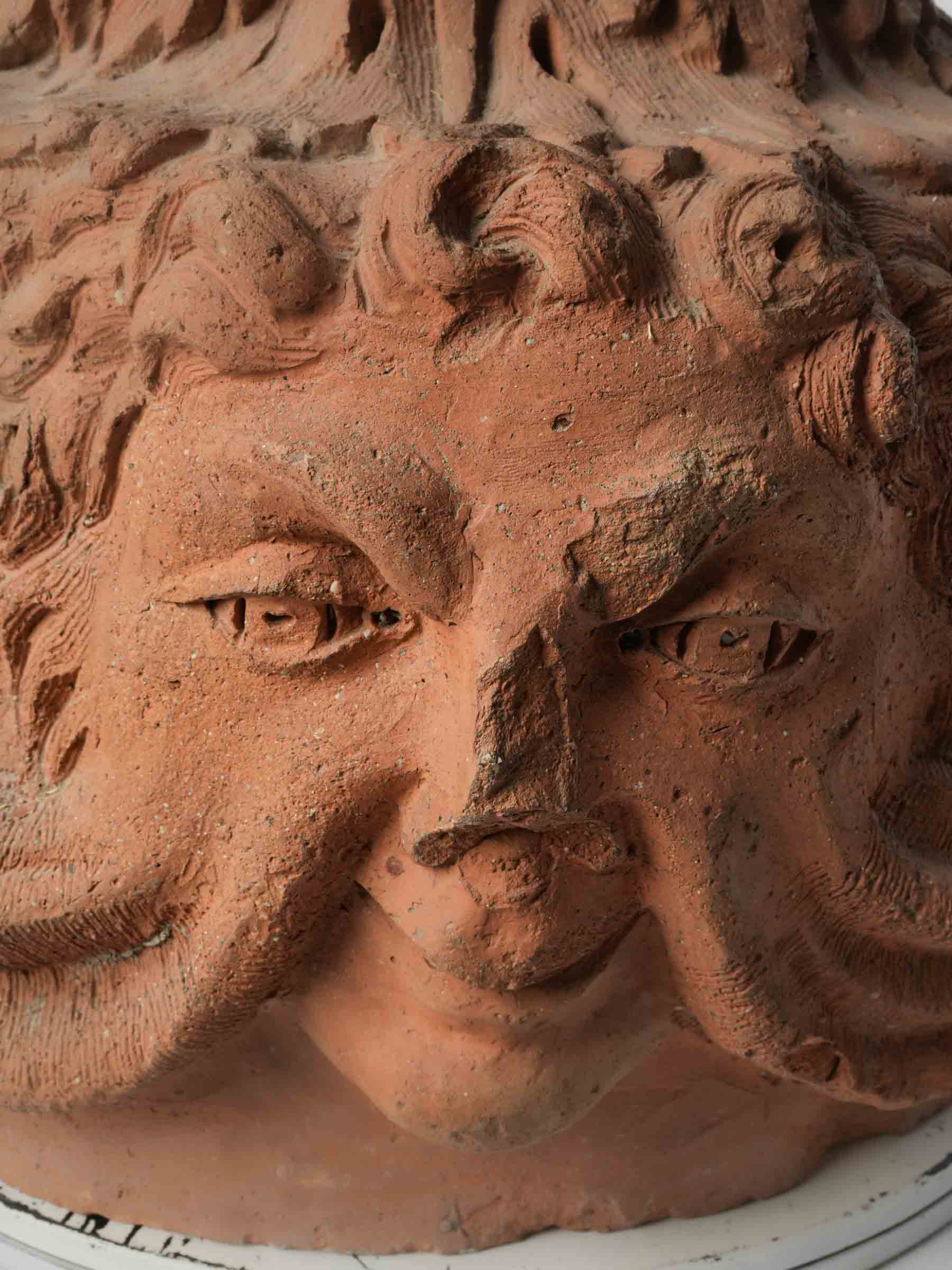 French Architectural Terracotta Flame Finial w/ Intriguing Mascarons, 18th Century - 18½"