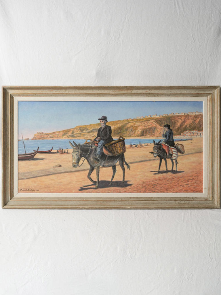 Vintage coastal painting with donkeys