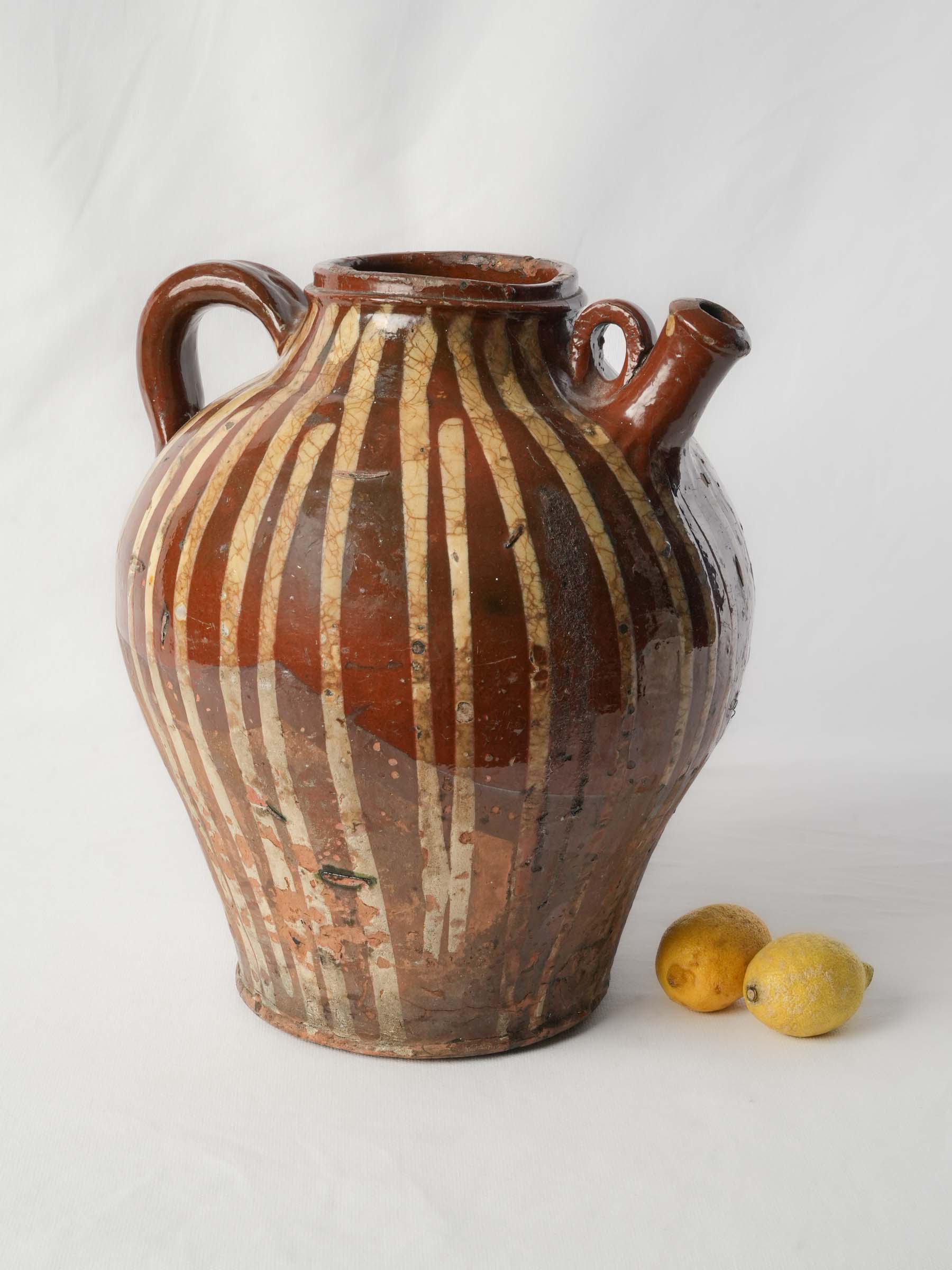 19th Century Val de Saône Jug w/ Cascading Slip Decoration and Superb Patina - 15"