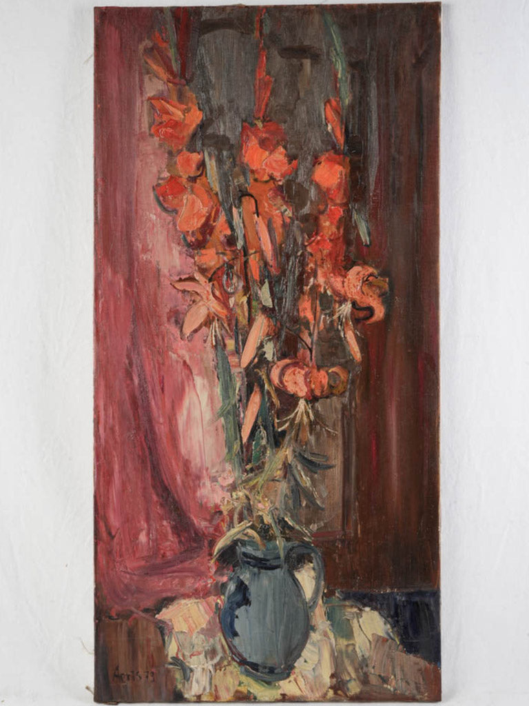Tall Vertical Still Life w/ Red Gladiolus - Oil on Canvas Dated 1979- 39½" x 19¾"