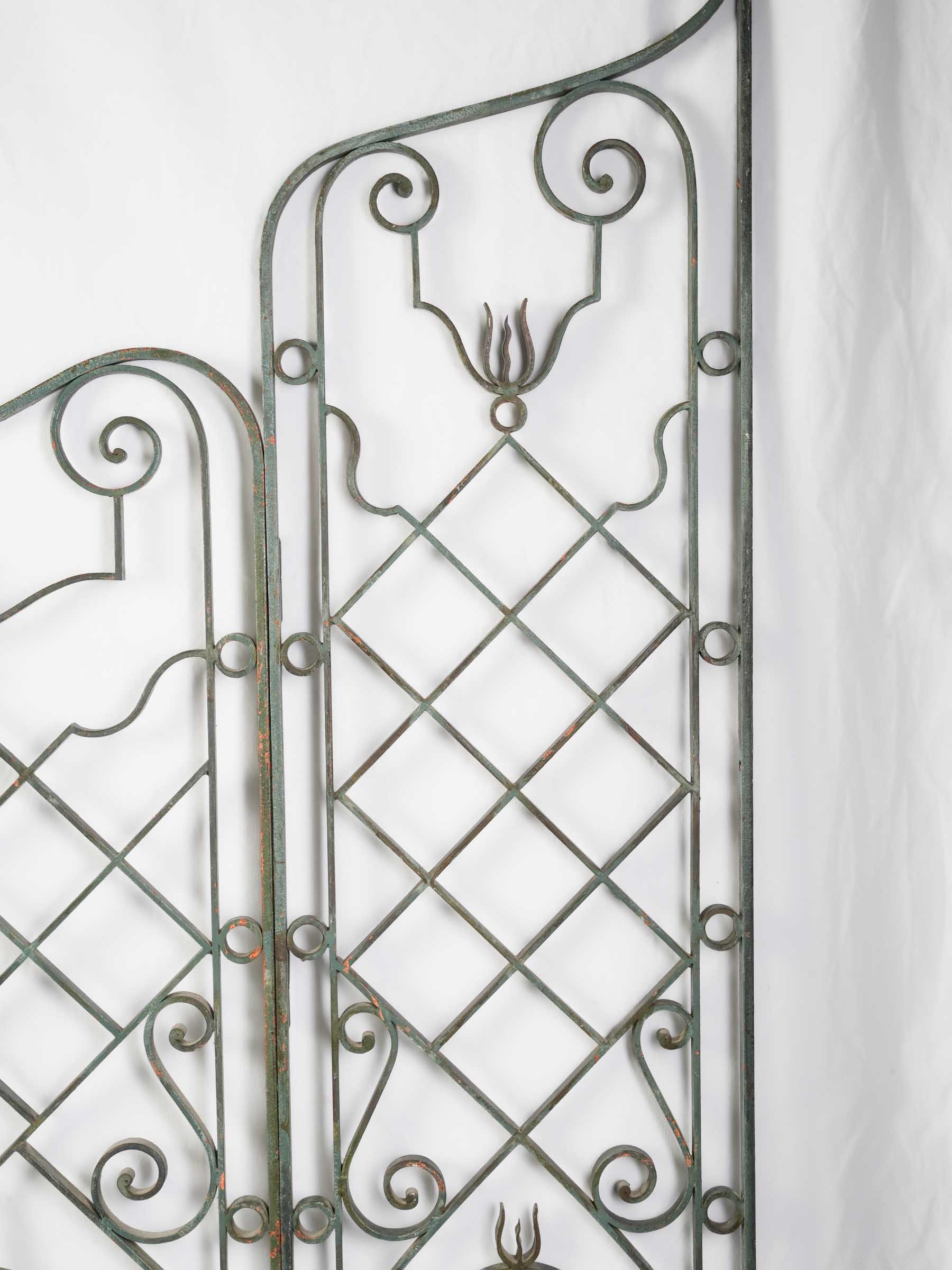 Remarkable French Art Deco Wrought-Iron Garden Gate, Sage-Green Finish - 59" x 85"