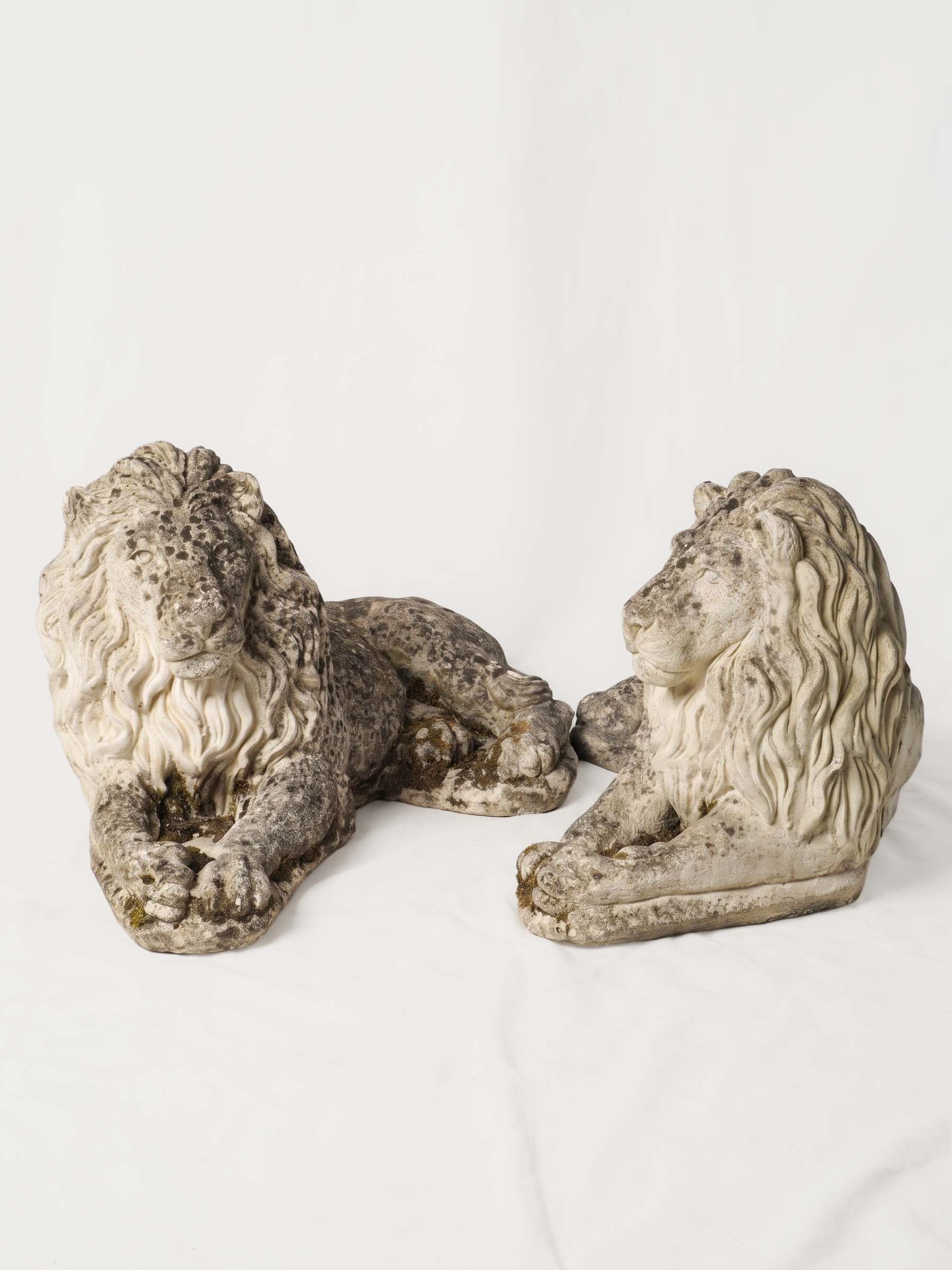 Pair of Vintage French Cast-Stone Reclining Garden Lion Statues - 23¾" long