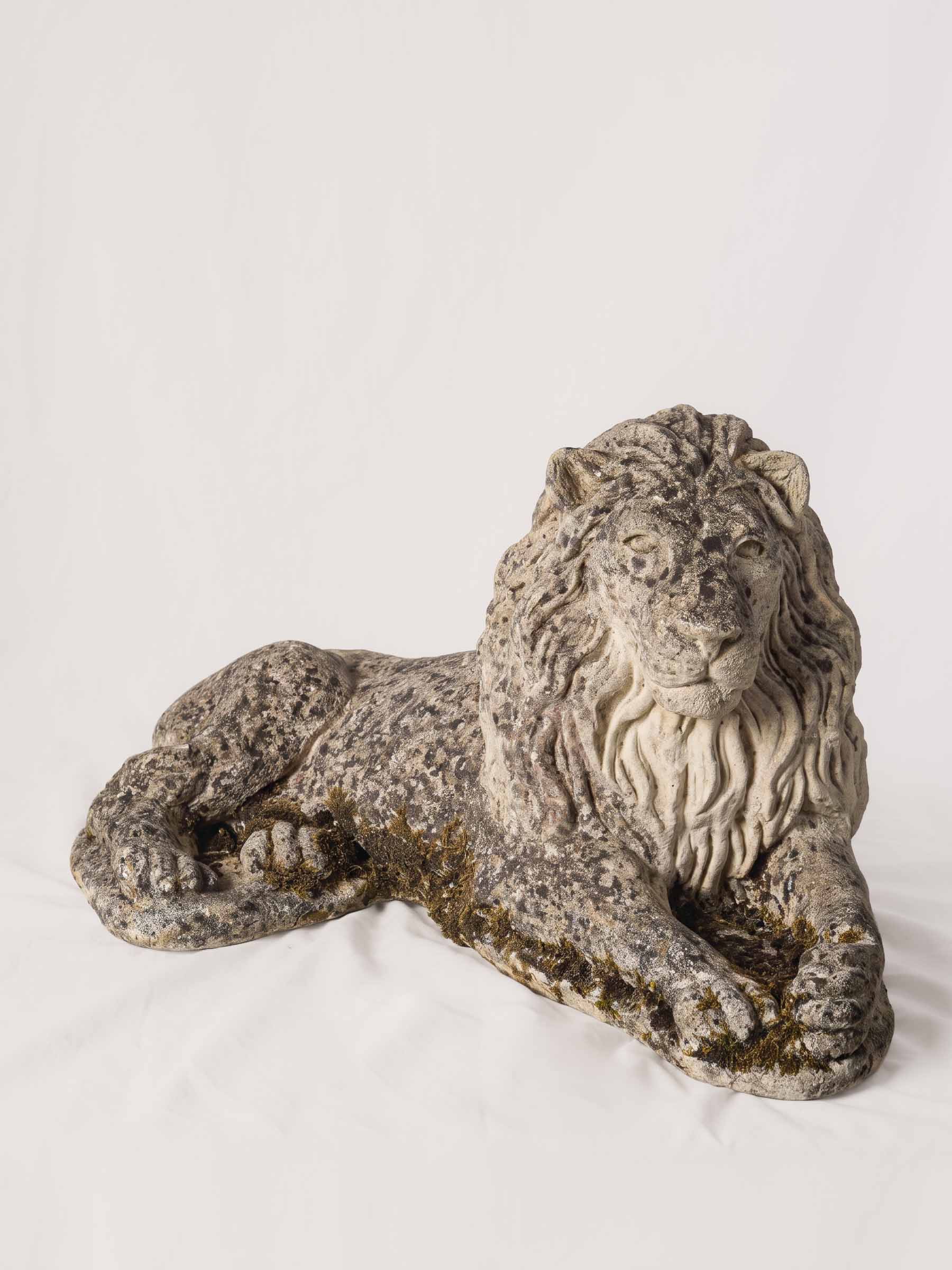 Pair of Vintage French Cast-Stone Reclining Garden Lion Statues - 23¾" long