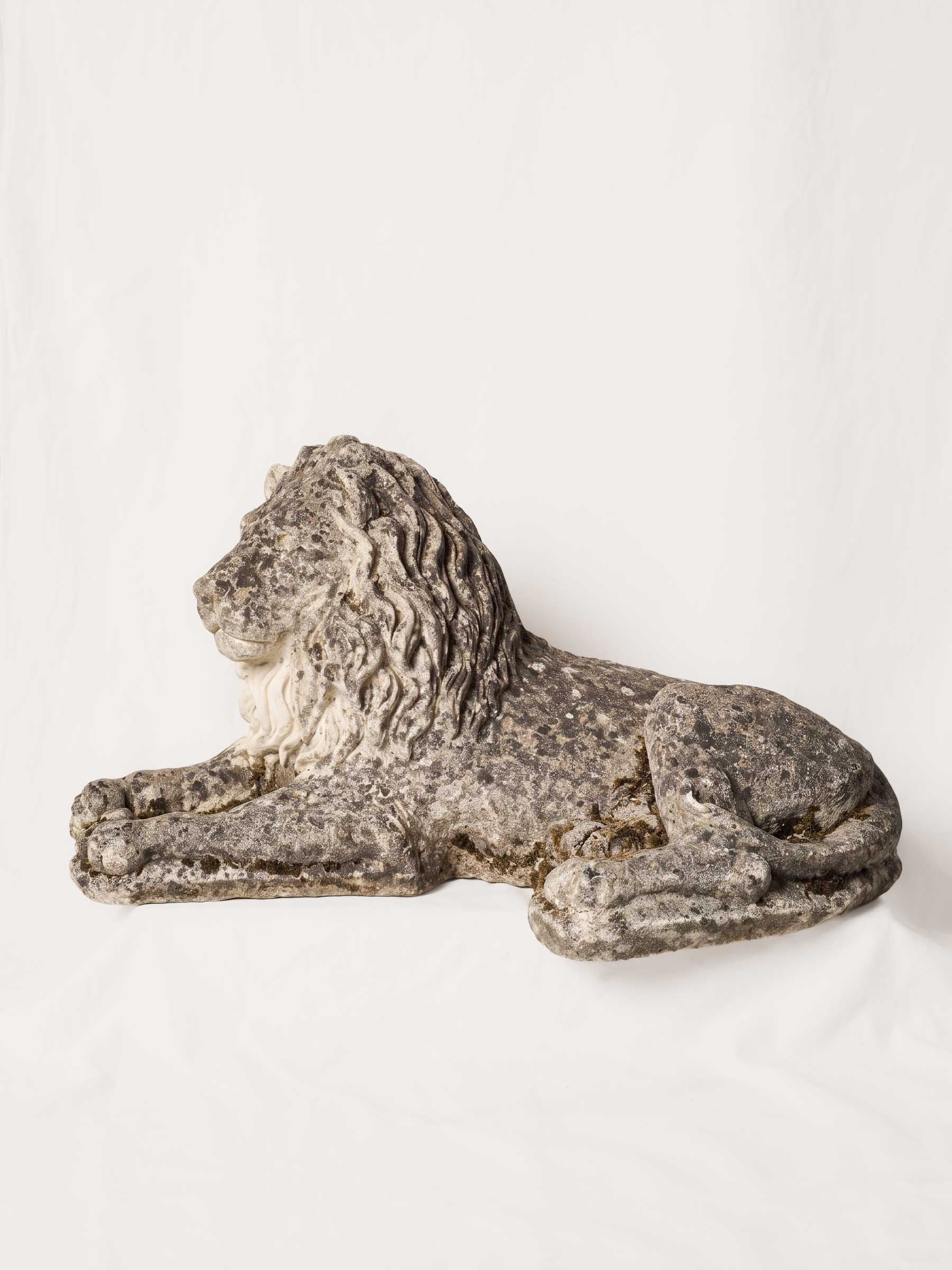 Pair of Vintage French Cast-Stone Reclining Garden Lion Statues - 23¾" long