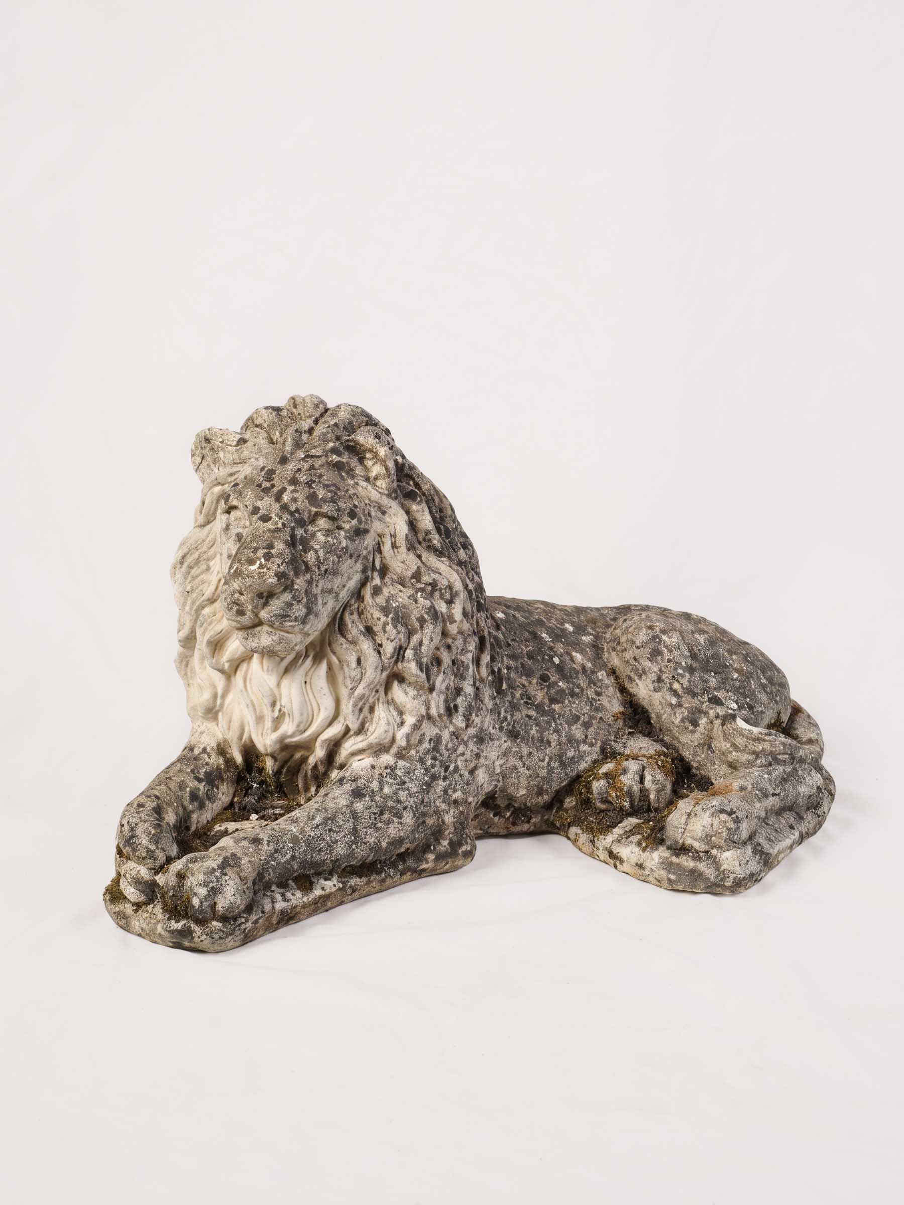 Pair of Vintage French Cast-Stone Reclining Garden Lion Statues - 23¾" long