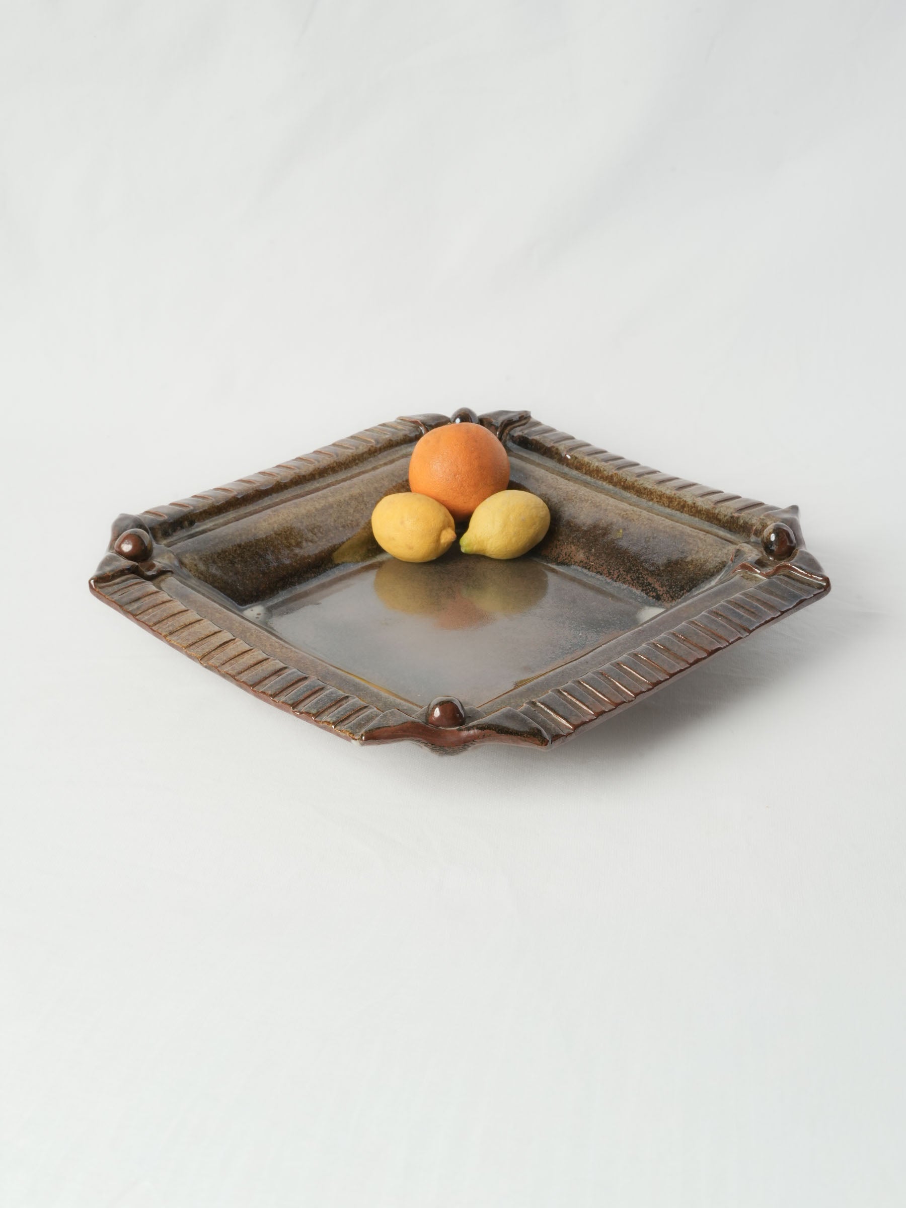 Sculptural French Studio Stoneware Platter w/ Variegated Glaze, 1970s - 16¼" x 16½"
