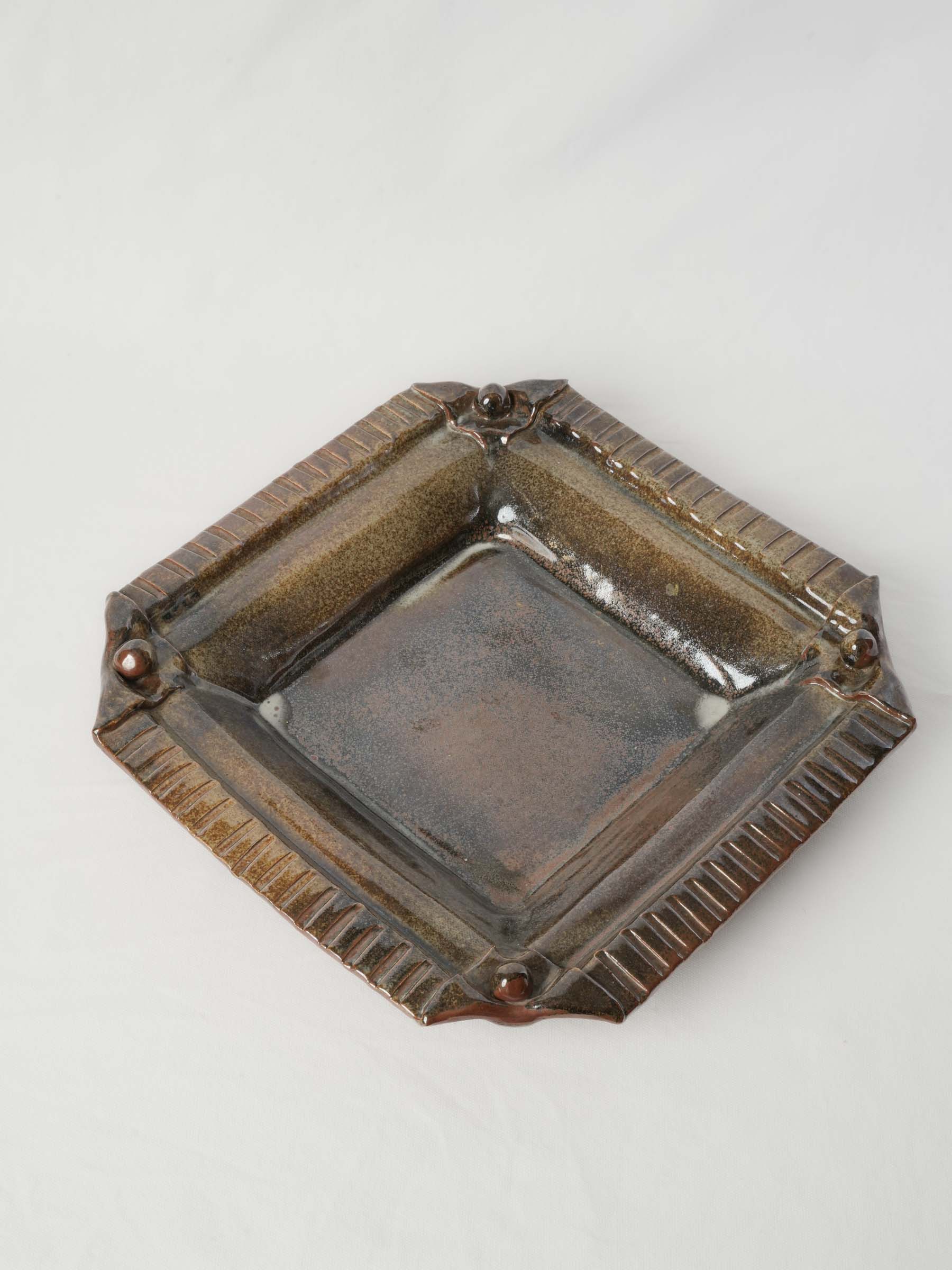 Sculptural French Studio Stoneware Platter w/ Variegated Glaze, 1970s - 16¼" x 16½"