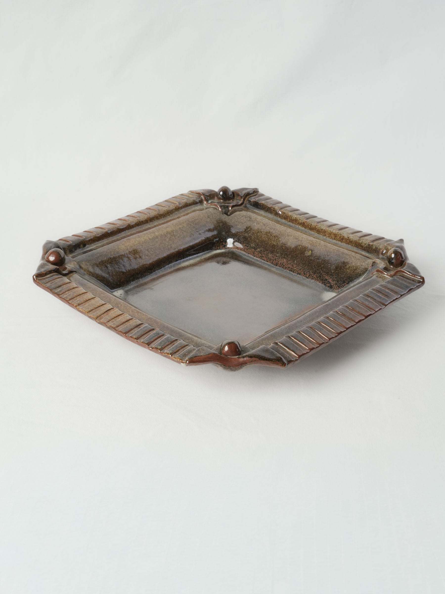 Sculptural French Studio Stoneware Platter w/ Variegated Glaze, 1970s - 16¼" x 16½"