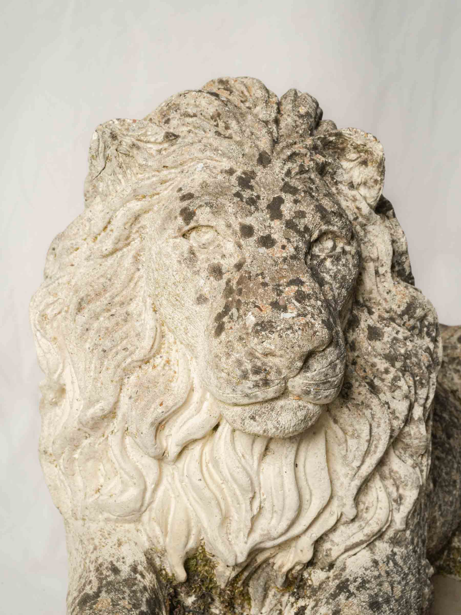Pair of Vintage French Cast-Stone Reclining Garden Lion Statues - 23¾" long