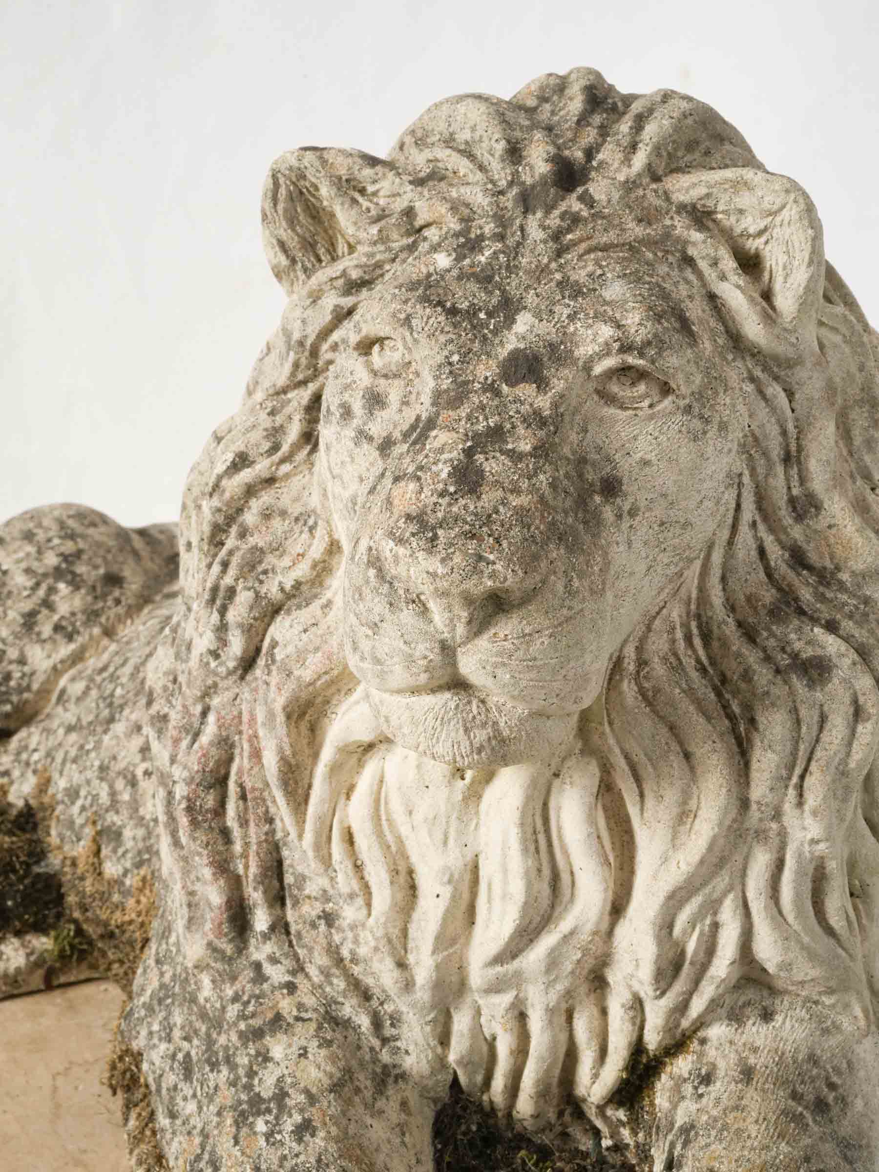 Pair of Vintage French Cast-Stone Reclining Garden Lion Statues - 23¾" long
