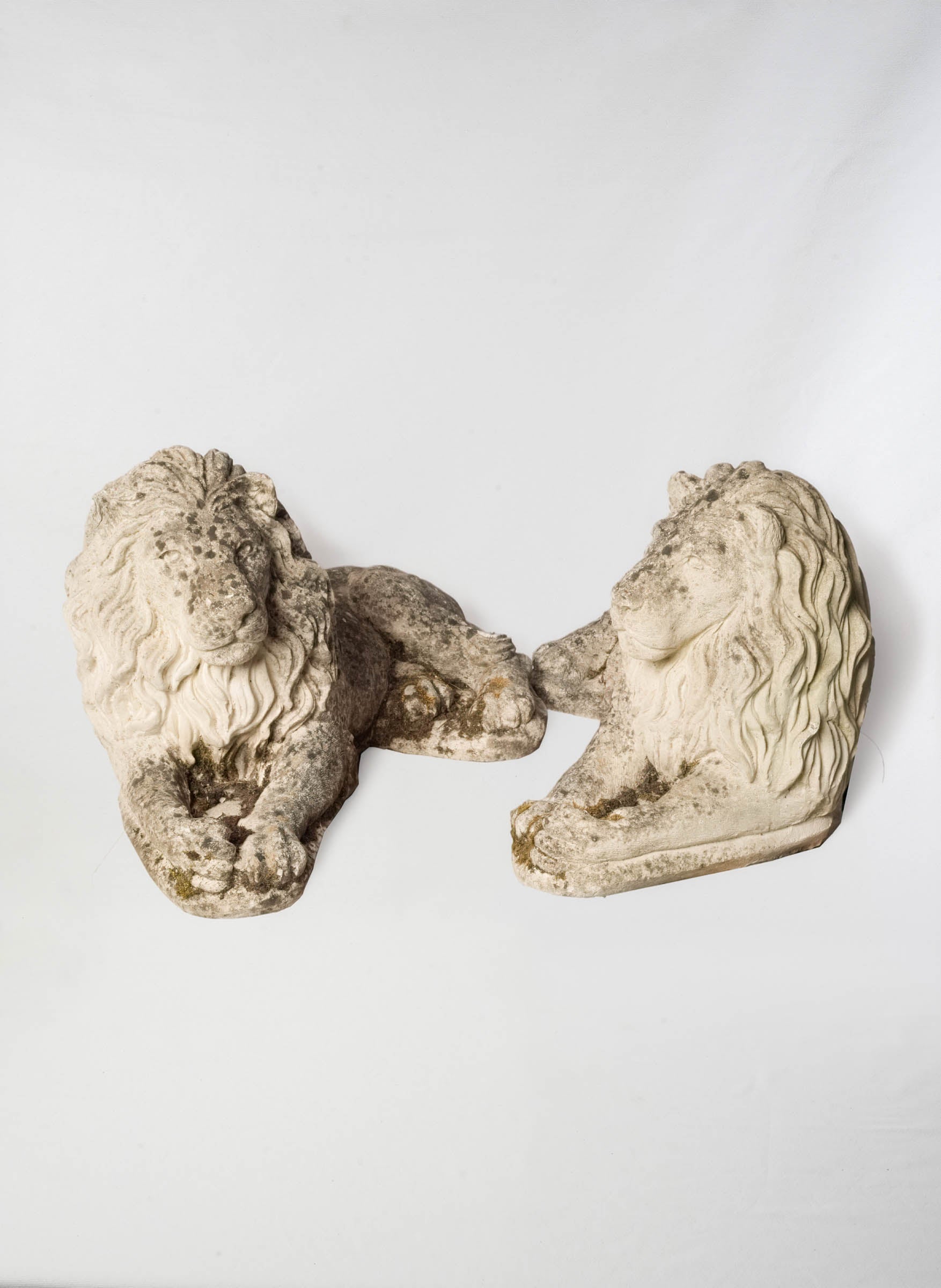 Pair of Vintage French Cast-Stone Reclining Garden Lion Statues - 23¾" long