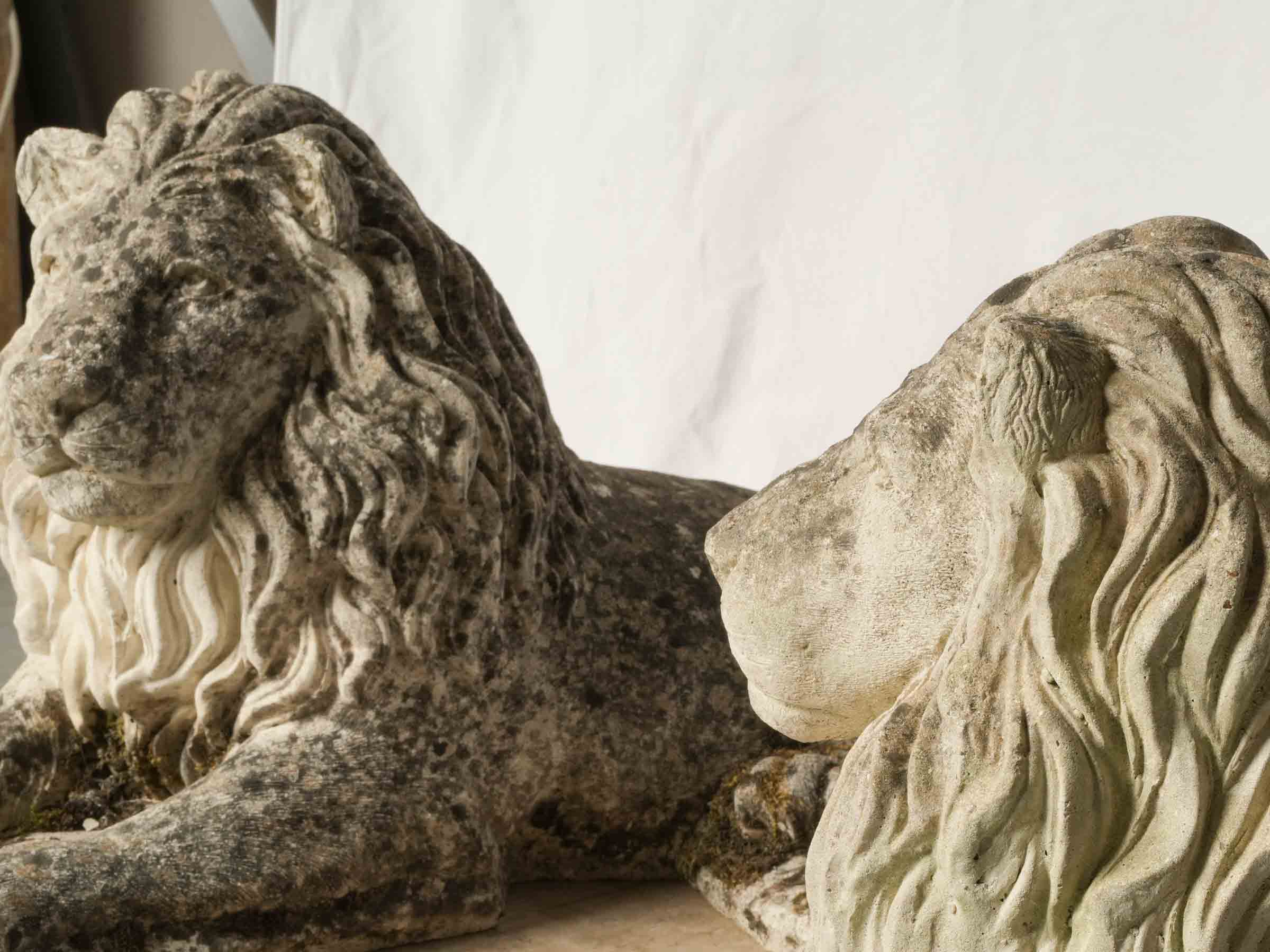 Pair of Vintage French Cast-Stone Reclining Garden Lion Statues - 23¾" long