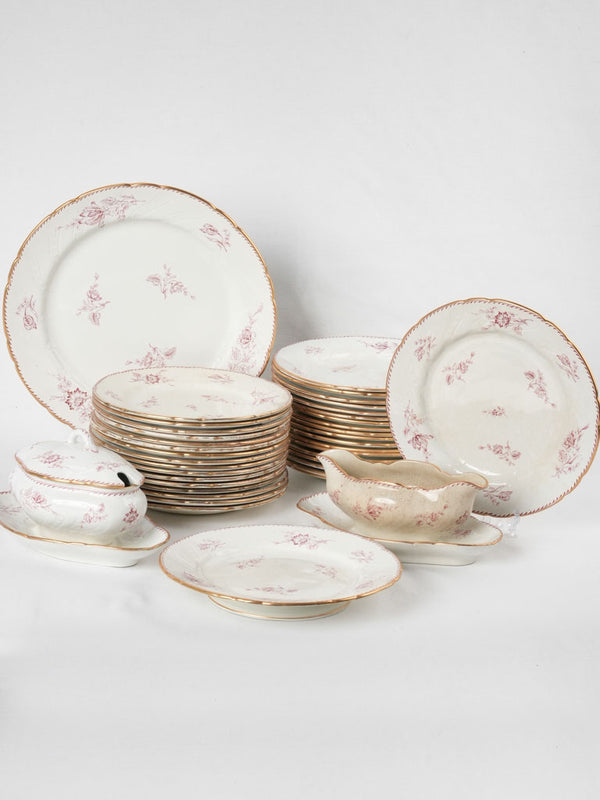 19th century Luneville Faience dinner service w/ pink flowers - Saxe ironstone transferware - 39 pieces