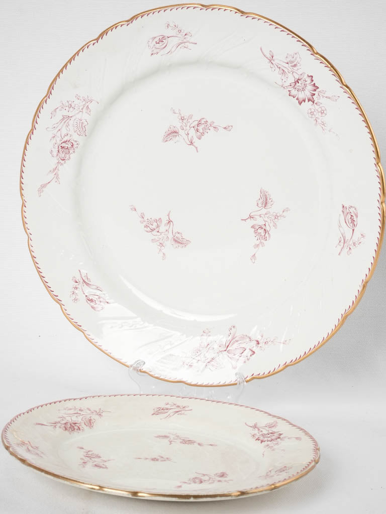 19th century Luneville Faience dinner service w/ pink flowers - Saxe ironstone transferware - 39 pieces