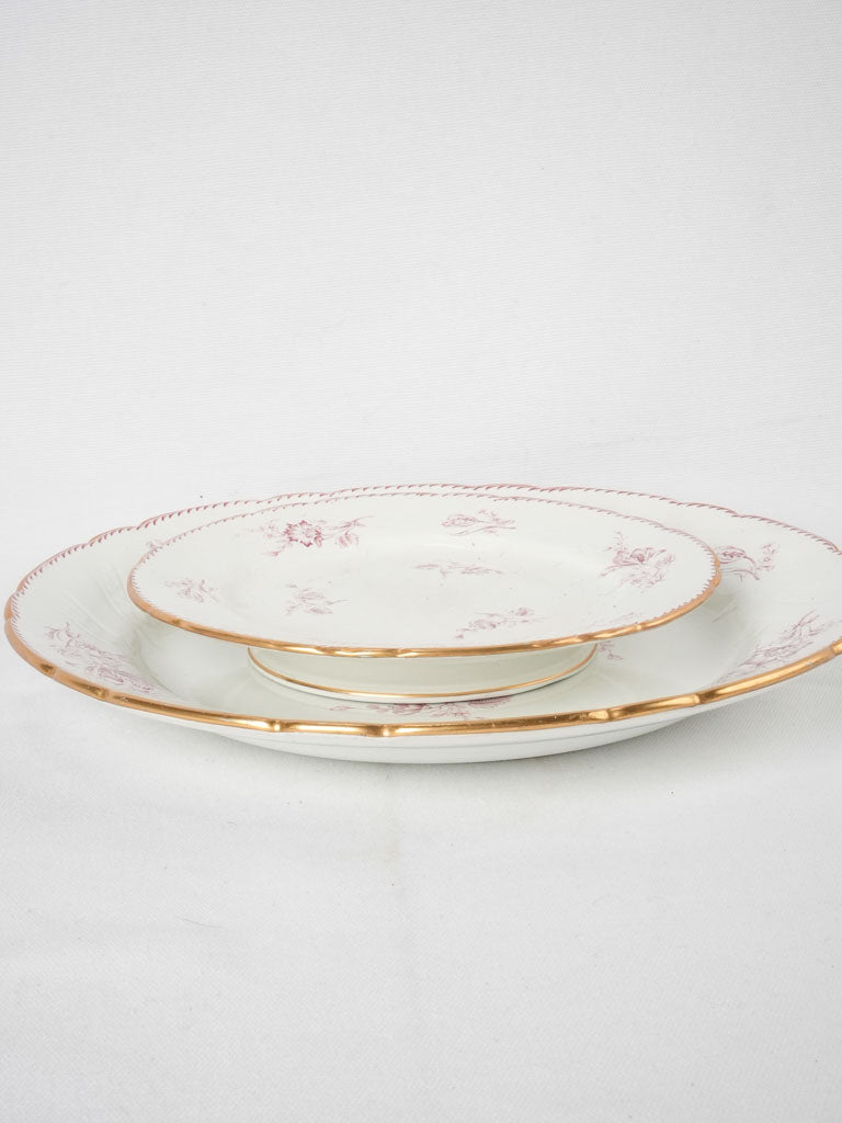 19th century Luneville Faience dinner service w/ pink flowers - Saxe ironstone transferware - 39 pieces