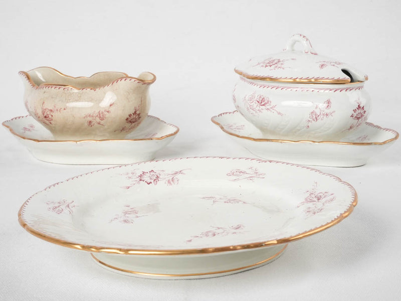 19th century Luneville Faience dinner service w/ pink flowers - Saxe ironstone transferware - 39 pieces